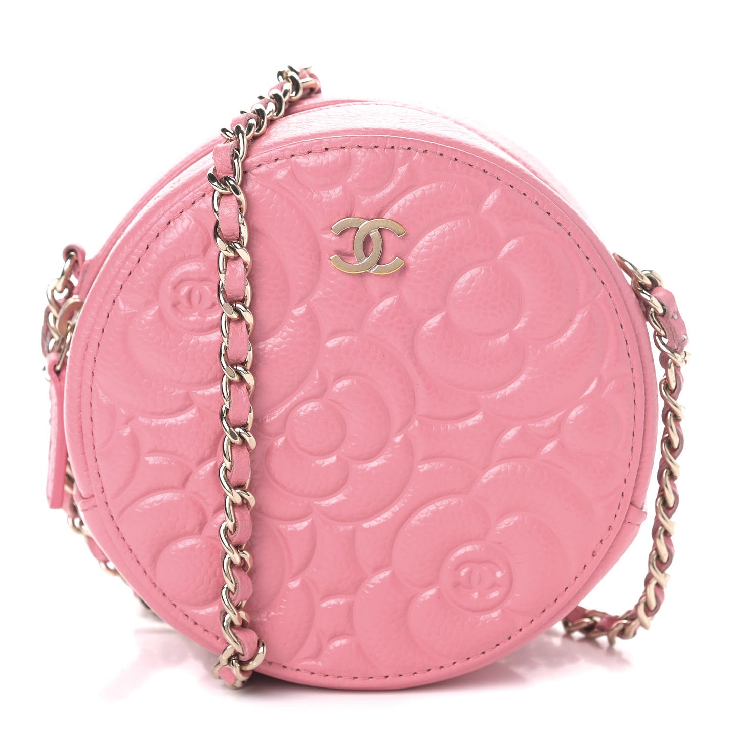 Caviar Camellia Embossed Round Clutch With Chain Pink