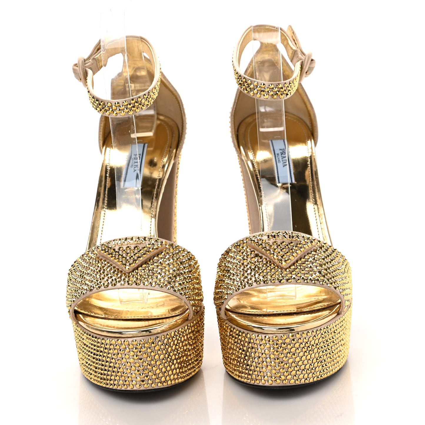 Satin Crystal Triangle Logo 40/135mm Platform Sandals 38.5 Platino