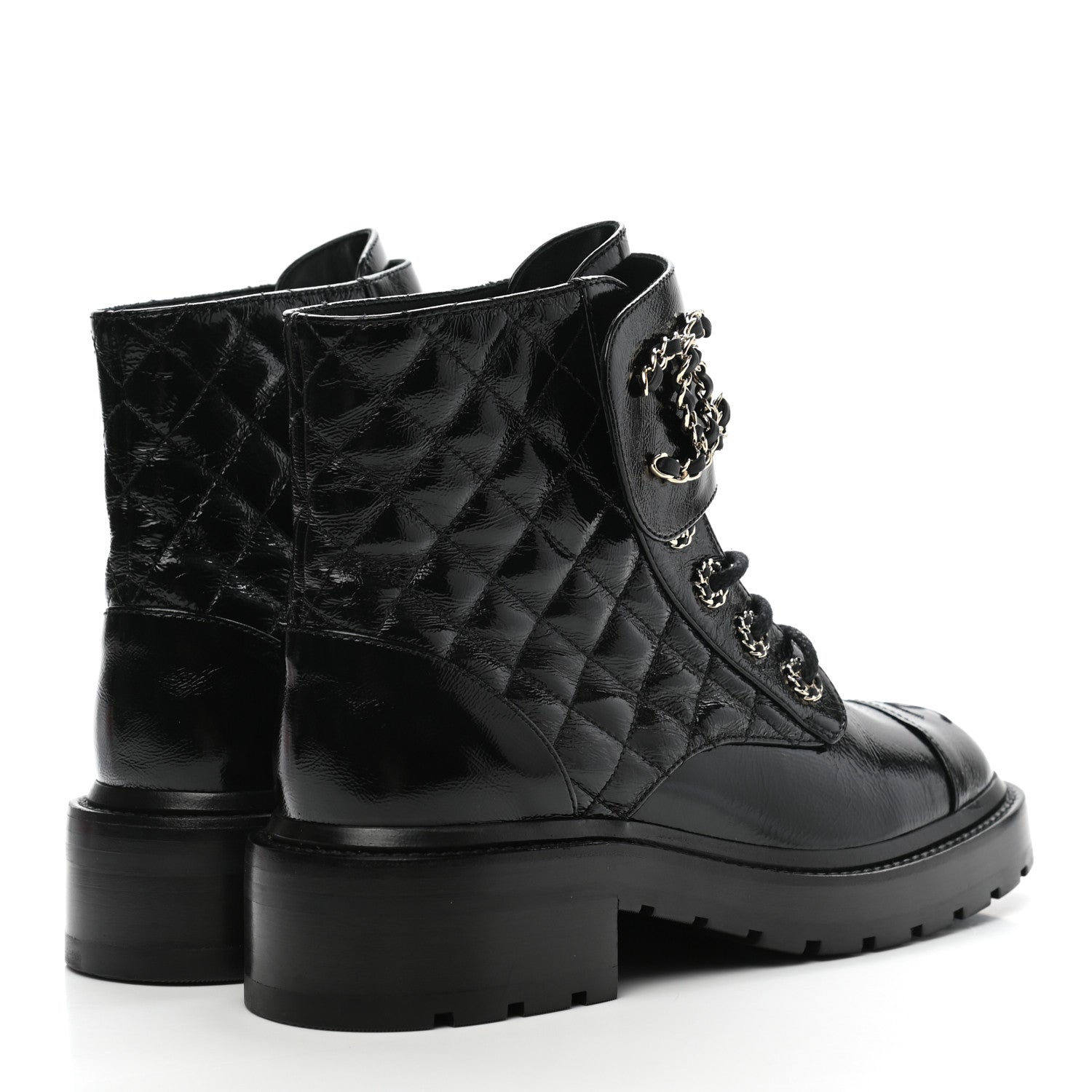 Chanel Shiny Calfskin Quilted Lace Up Combat Boots 36.5 Black 4 of 9
