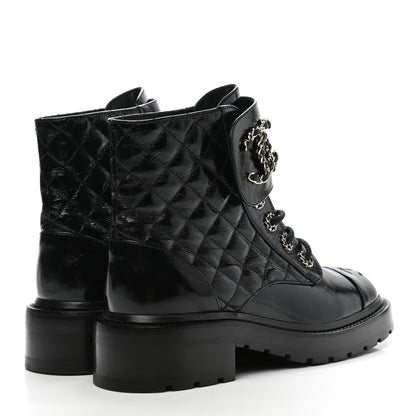 Chanel Shiny Calfskin Quilted Lace Up Combat Boots 36.5 Black 4 of 9
