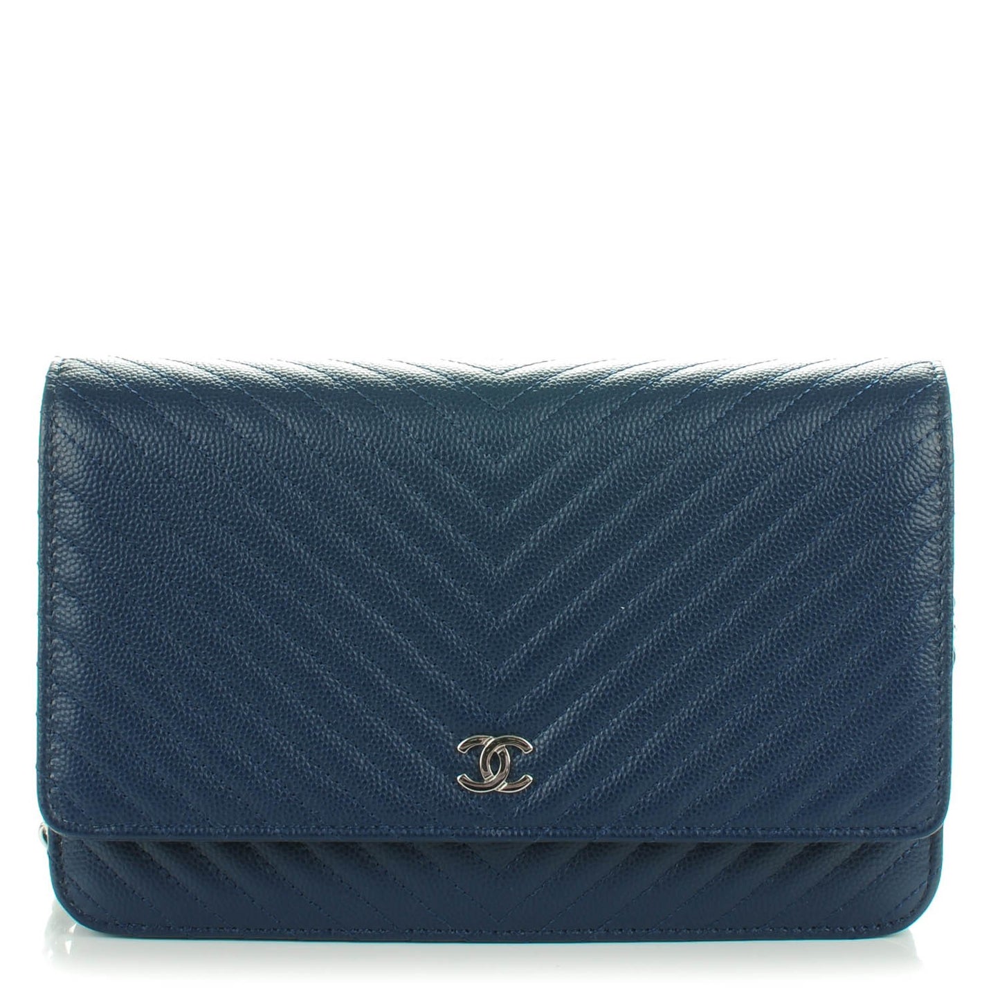 Caviar Chevron Quilted Wallet On Chain WOC Navy Blue