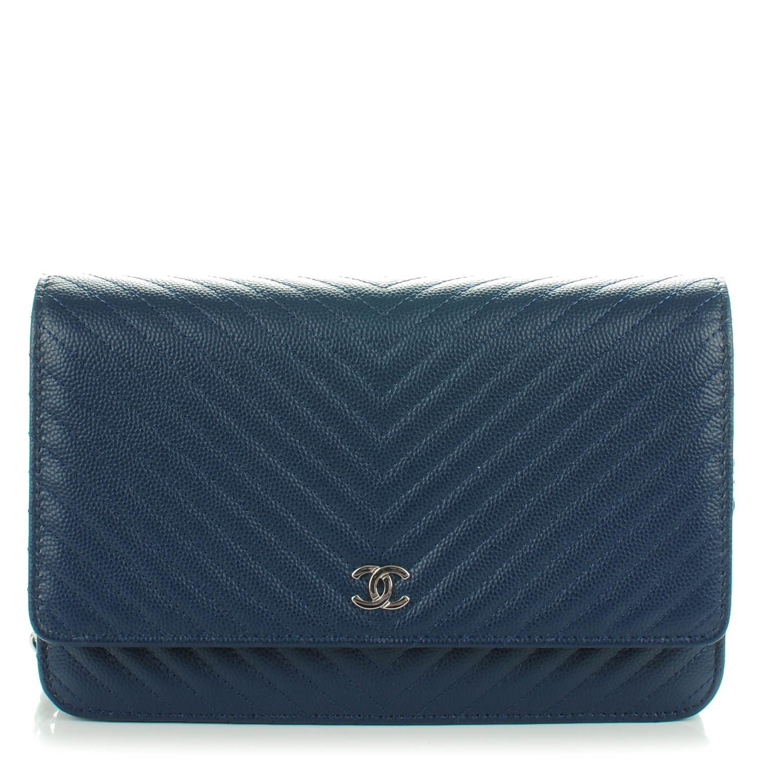 Chanel Caviar Chevron Quilted Wallet On Chain WOC Navy Blue 1 of 8