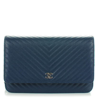 Chanel Caviar Chevron Quilted Wallet On Chain WOC Navy Blue 1 of 8
