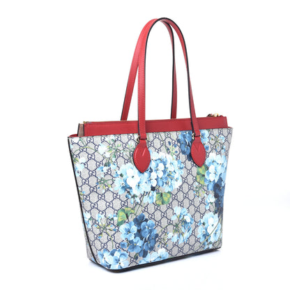 Gucci GG Supreme Monogram Blooms Medium Zippered Bucket Tote Beige Blue Navy Hibiscus Red 3 of 9