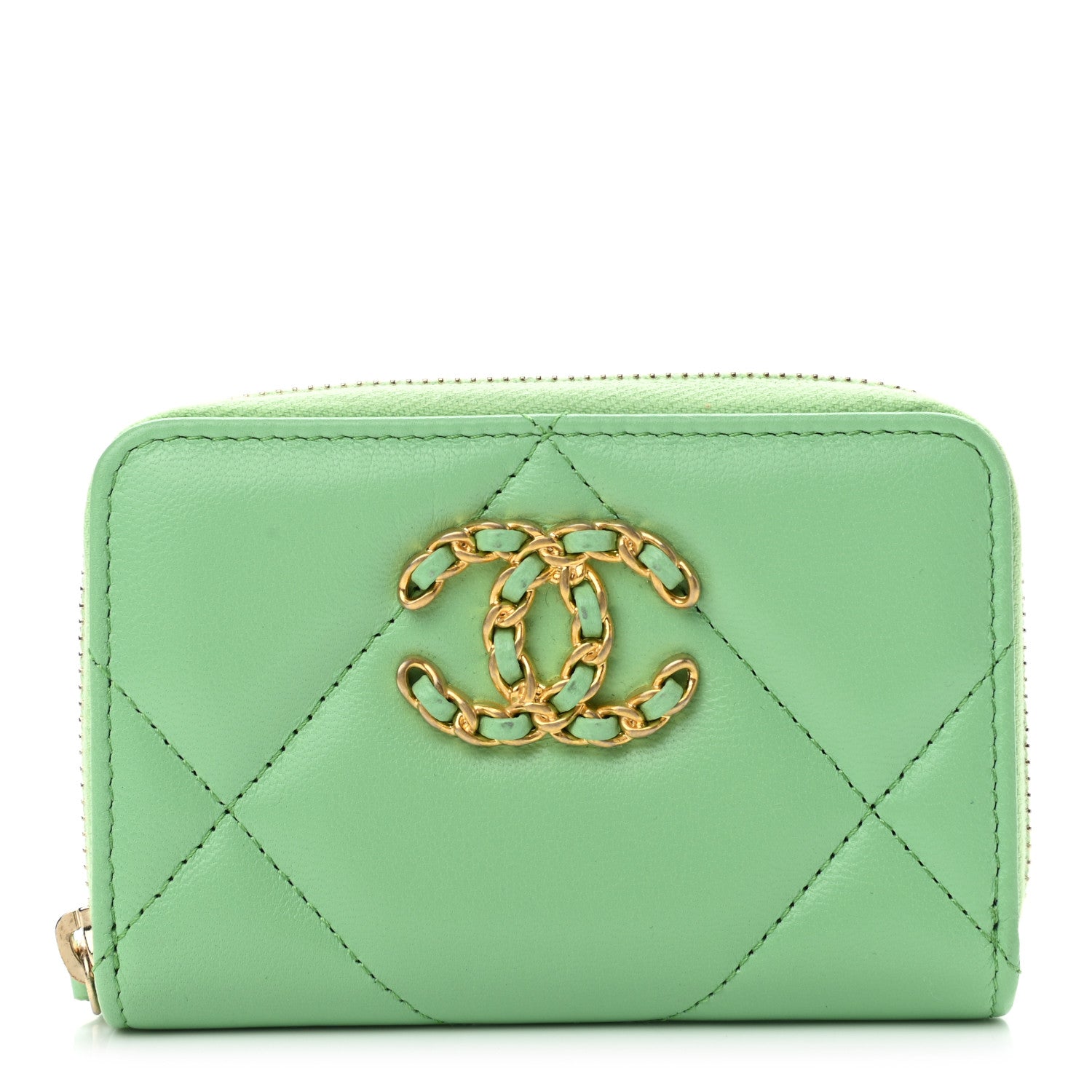 Chanel Lambskin Quilted 19 Zip Around Coin Purse Wallet Green 1 of 11