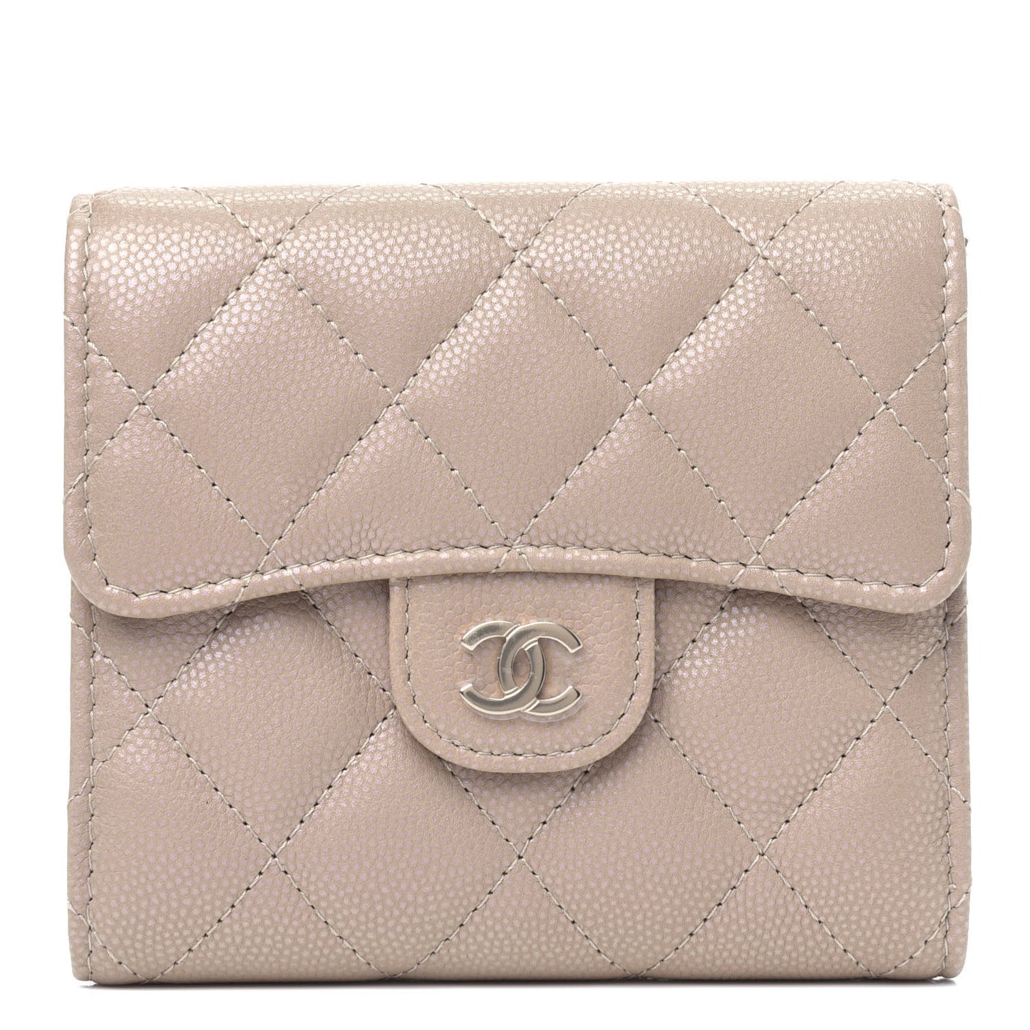 Iridescent Caviar Quilted Compact Flap Wallet Dark Beige