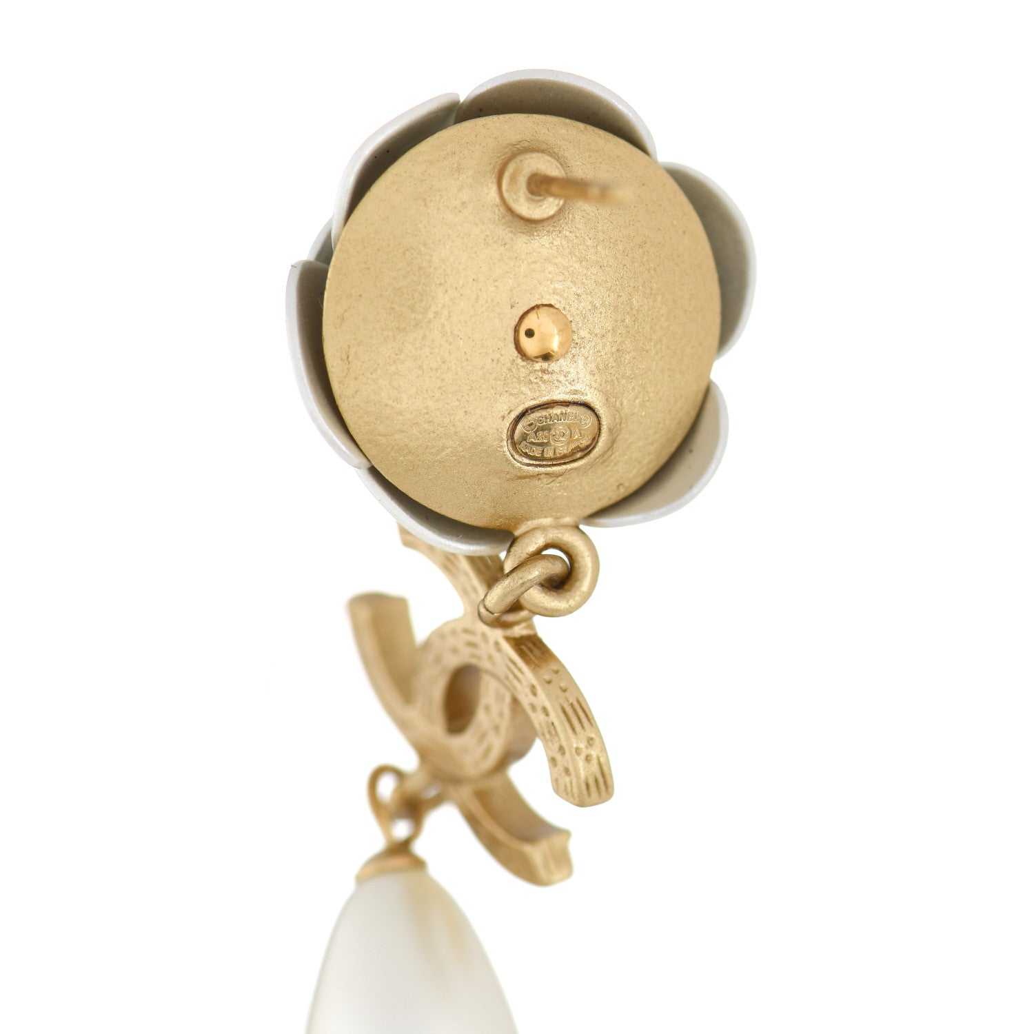 Chanel Metal Crystal Pearl 90s Camellia CC Drop Earrings Gold 4 of 4