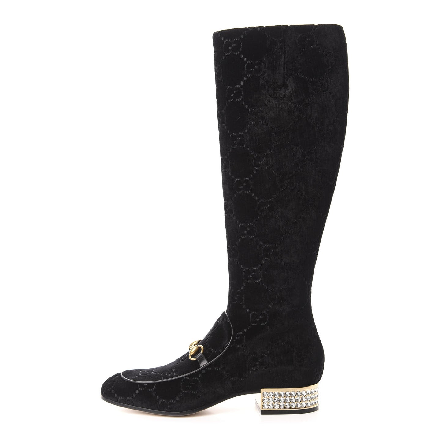 Velvet GG Monogram Crystal Horsebit Knee High Boots 40 Black