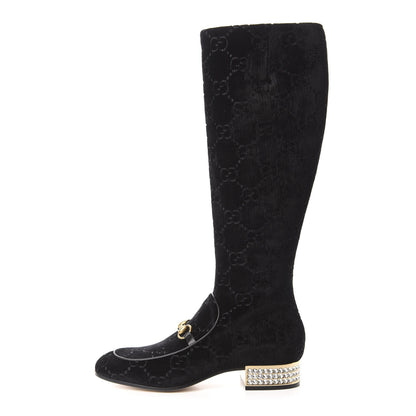 Gucci Velvet GG Monogram Crystal Horsebit Knee High Boots 40 Black 1 of 9