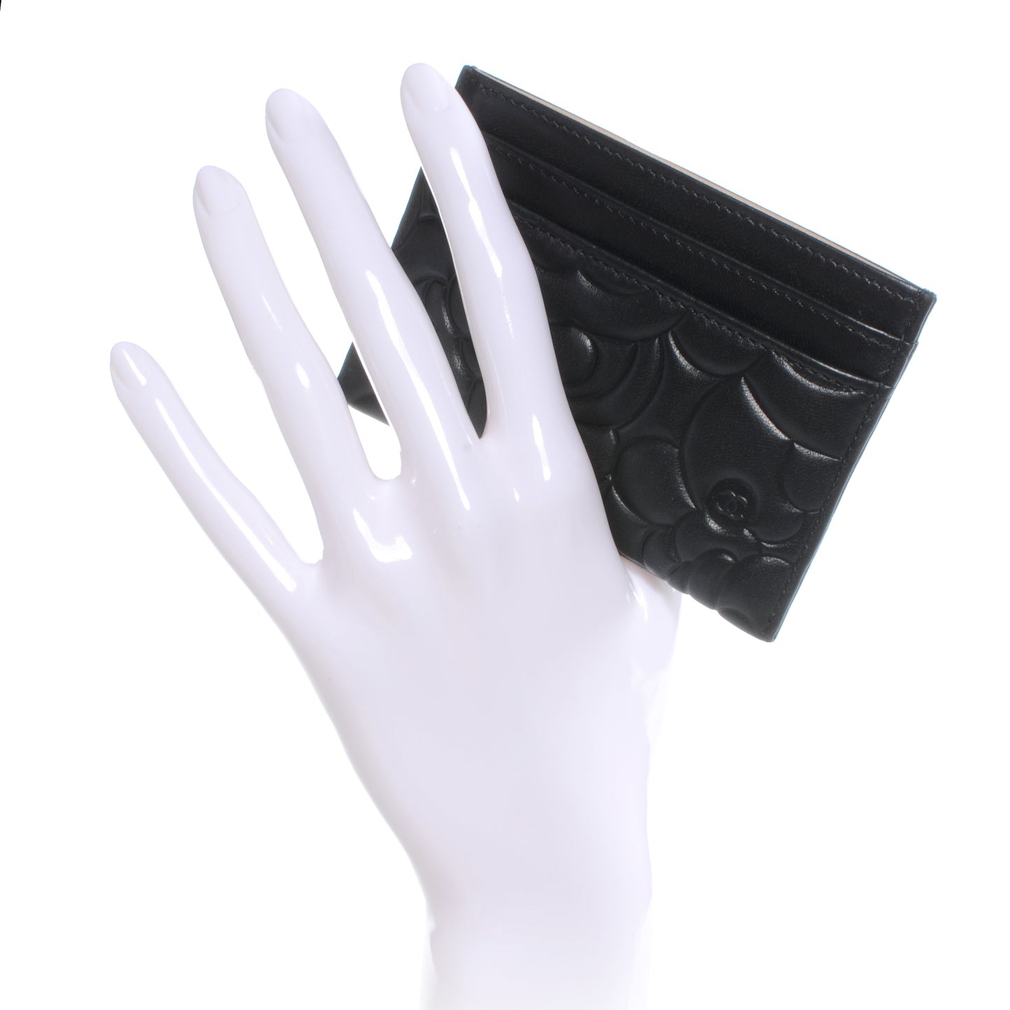 Lambskin Camellia Embossed Card Holder Black