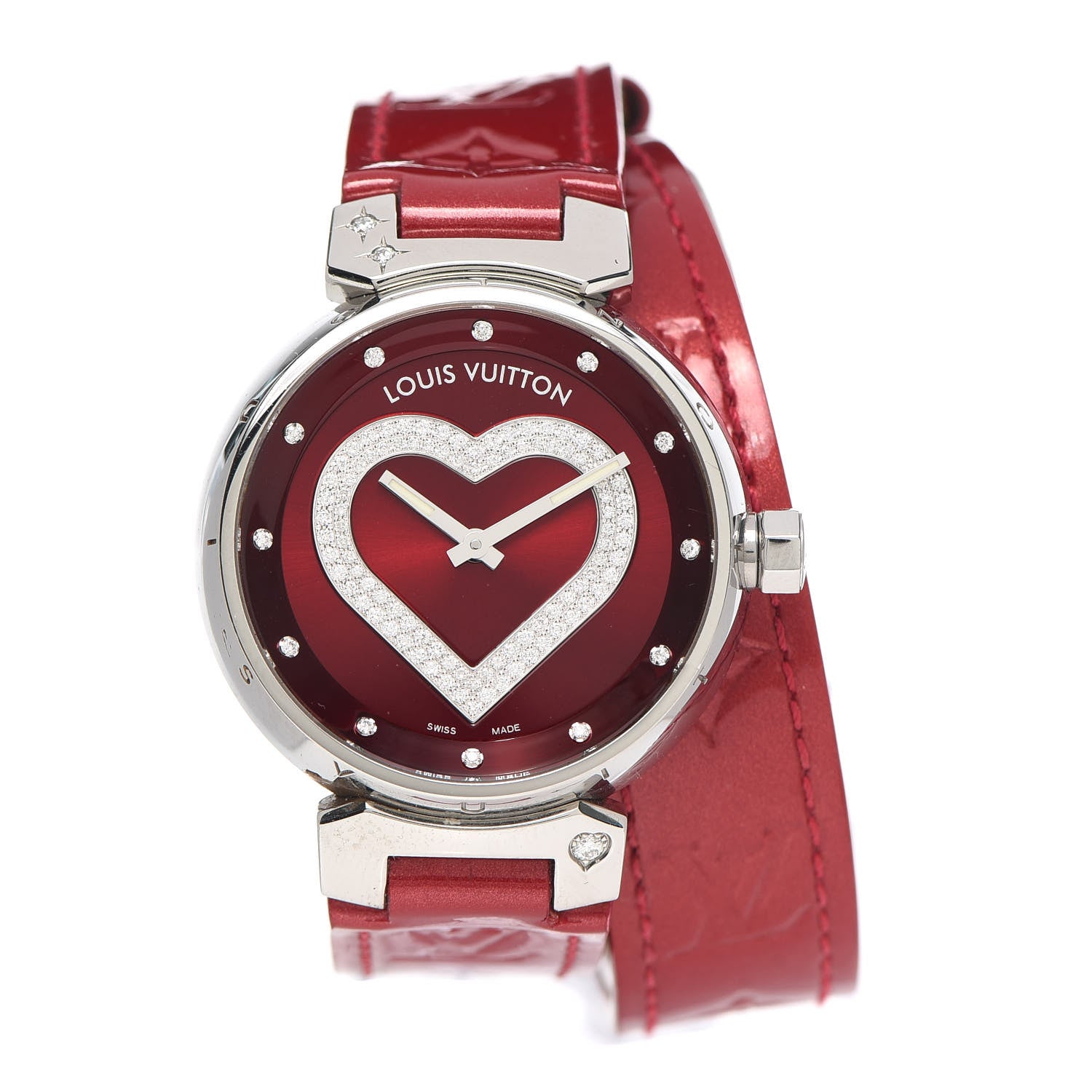 Louis Vuitton Stainless Steel Vernis Diamond 34mm Tambour Heart Quartz Watch Red 1 of 5