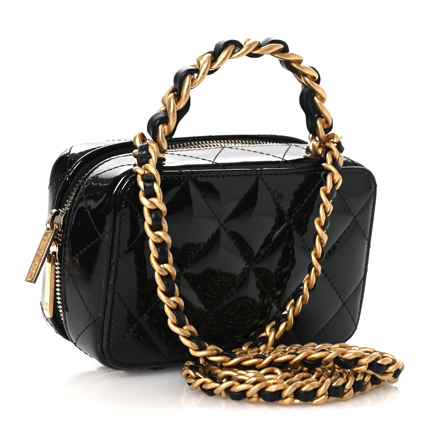 Patent Quilted Top Handle Mini Vanity Case Black