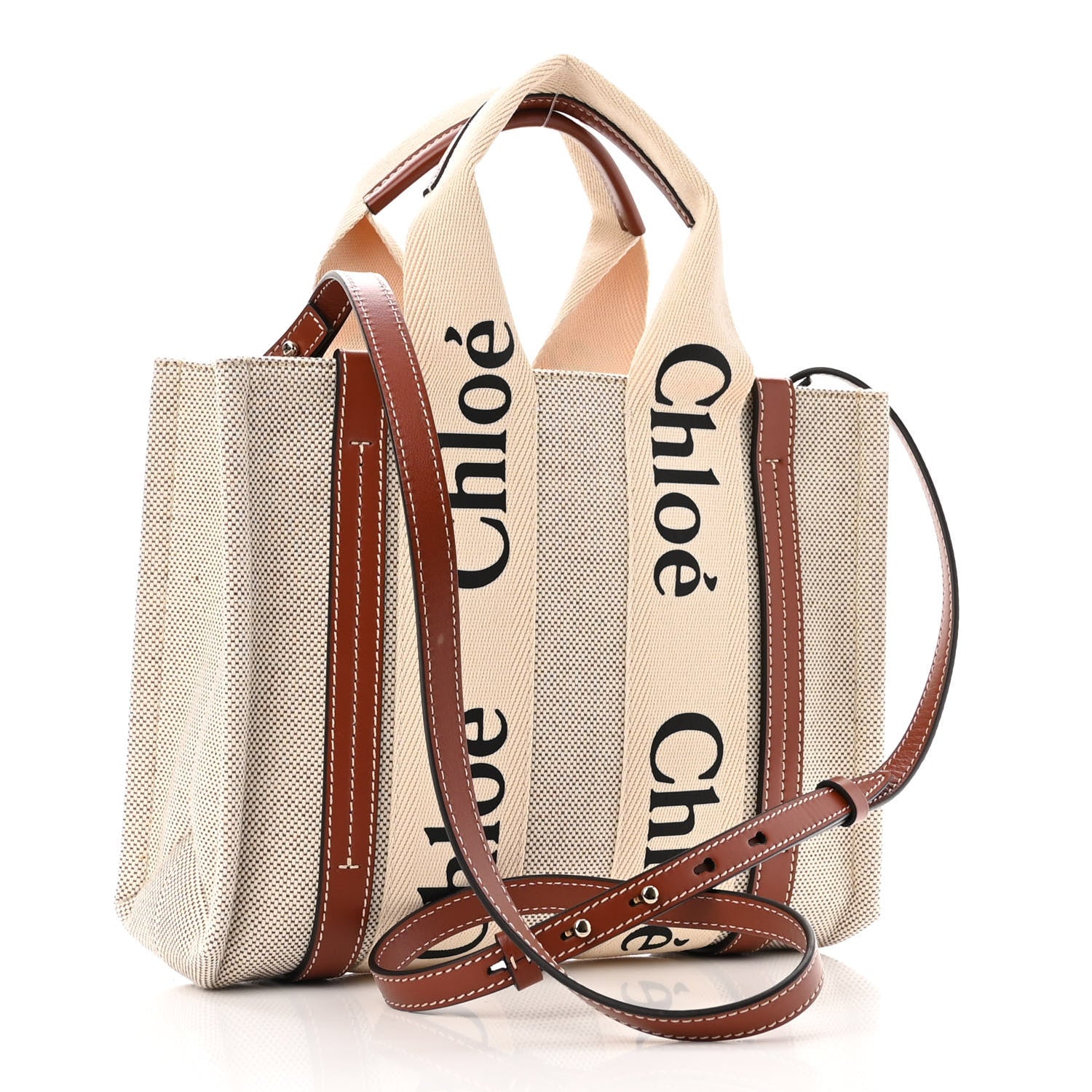Chloe Cotton Calfskin Small Woody Ribbon Tote With Strap White Brown 3 of 9