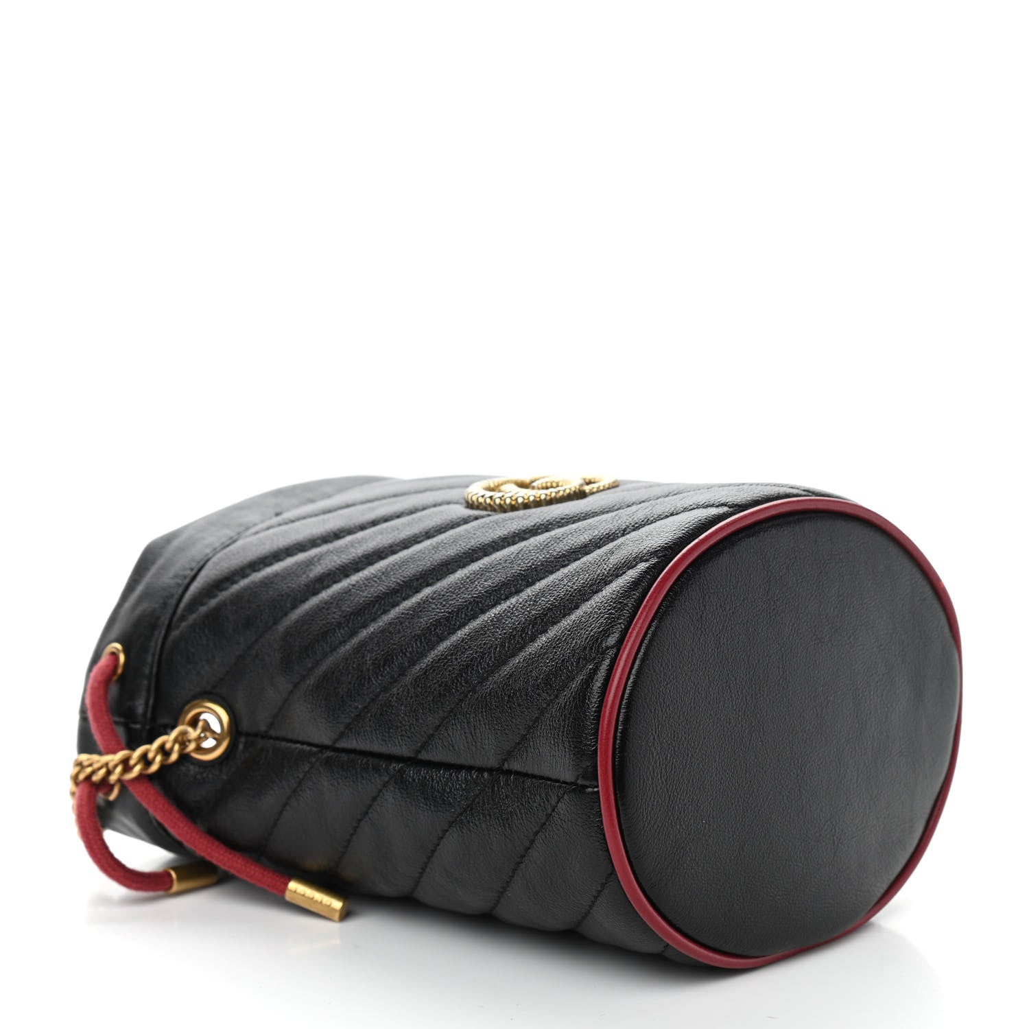 Gucci Vintage Effect Calfskin Matelasse Diagonal Mini Torchon GG Marmont 2.0 Bucket Bag Black Romantic Cherry 4 of 10