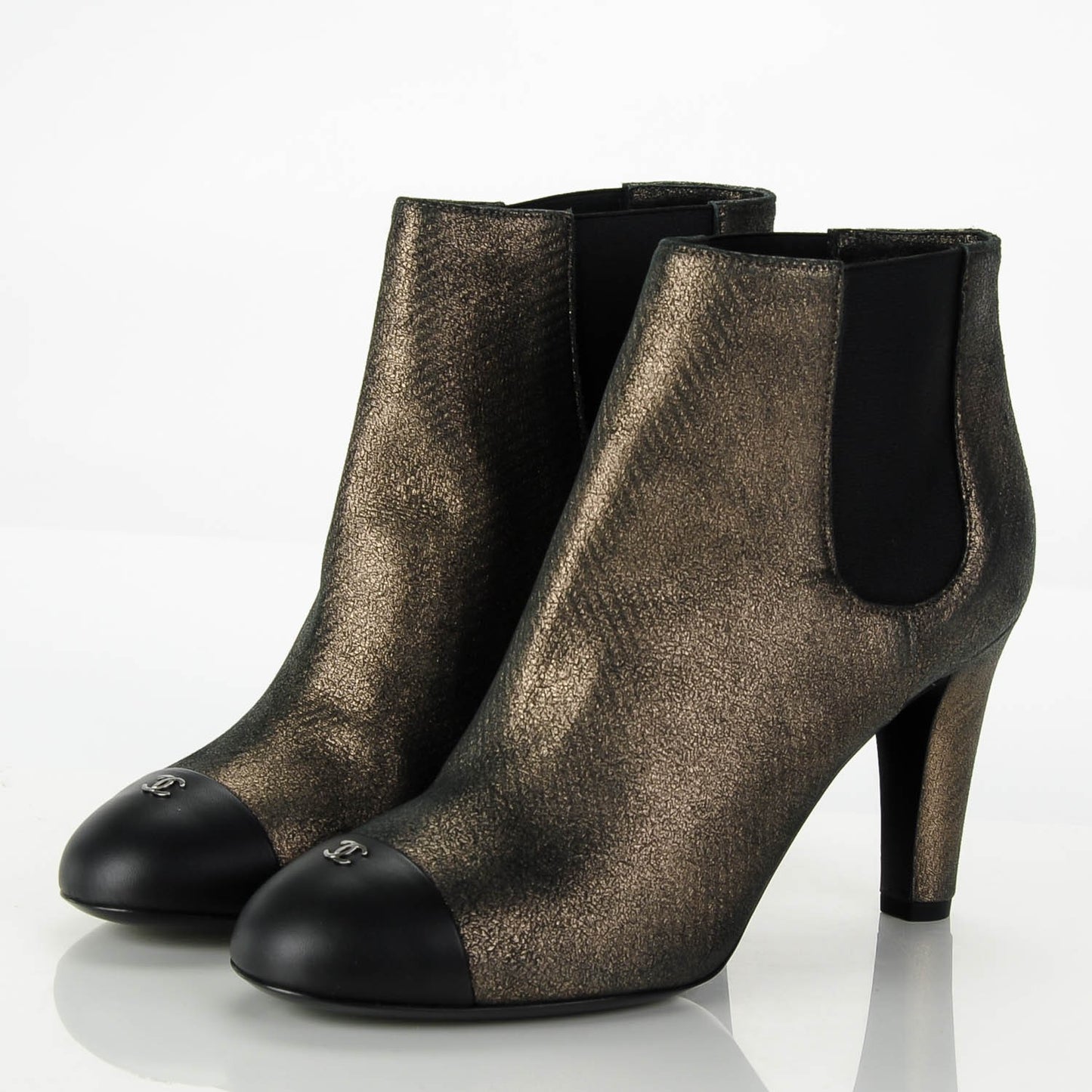 Metallic Lambskin CC Cap Toe Ankle Boots 38.5 Argent Fonce Black