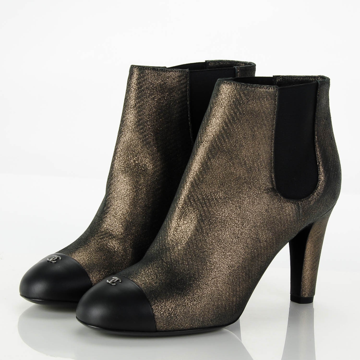 Chanel Metallic Lambskin CC Cap Toe Ankle Boots 38.5 Argent Fonce Black 6 of 15