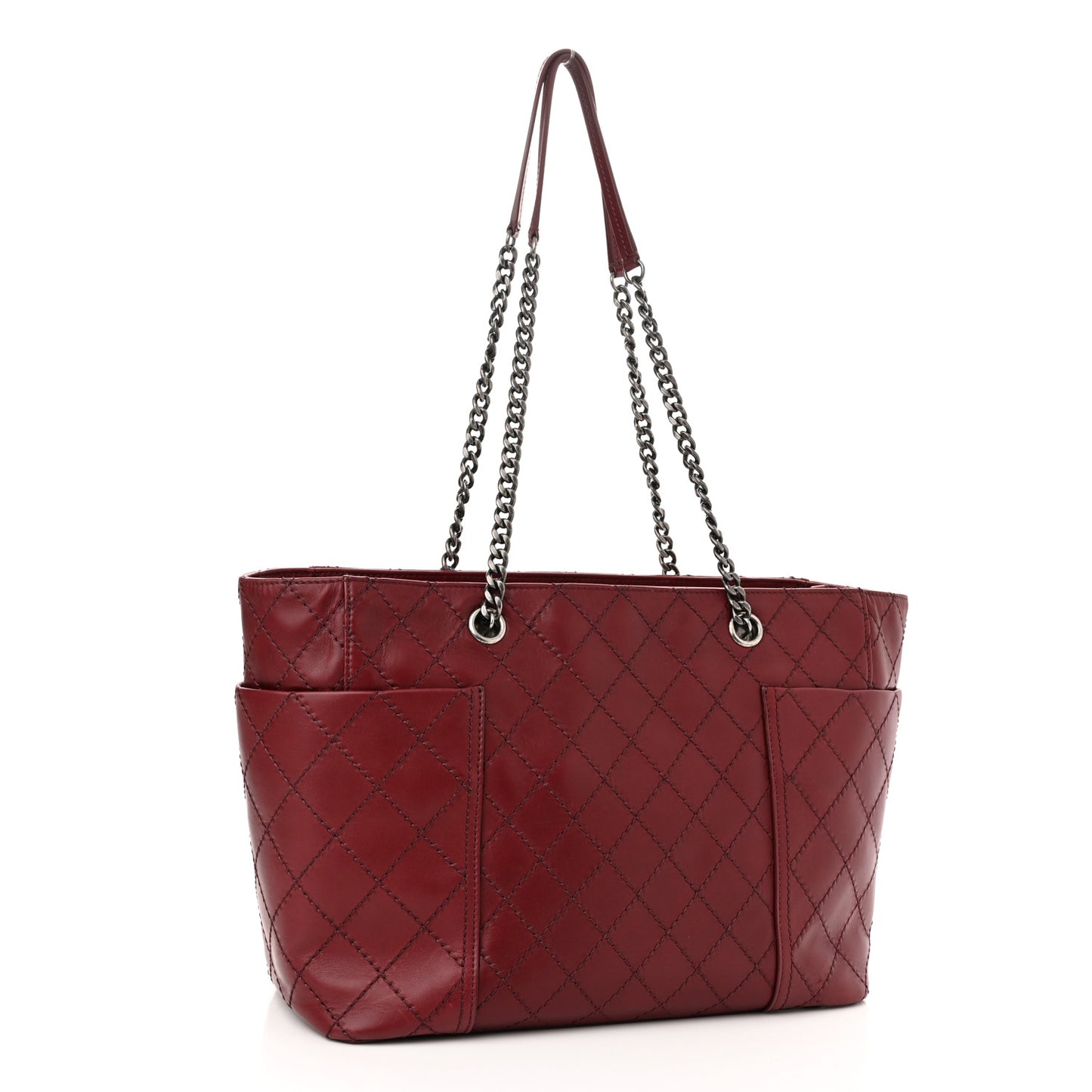 Calfskin Stitched CC Pocket Shopping Tote Dark Red