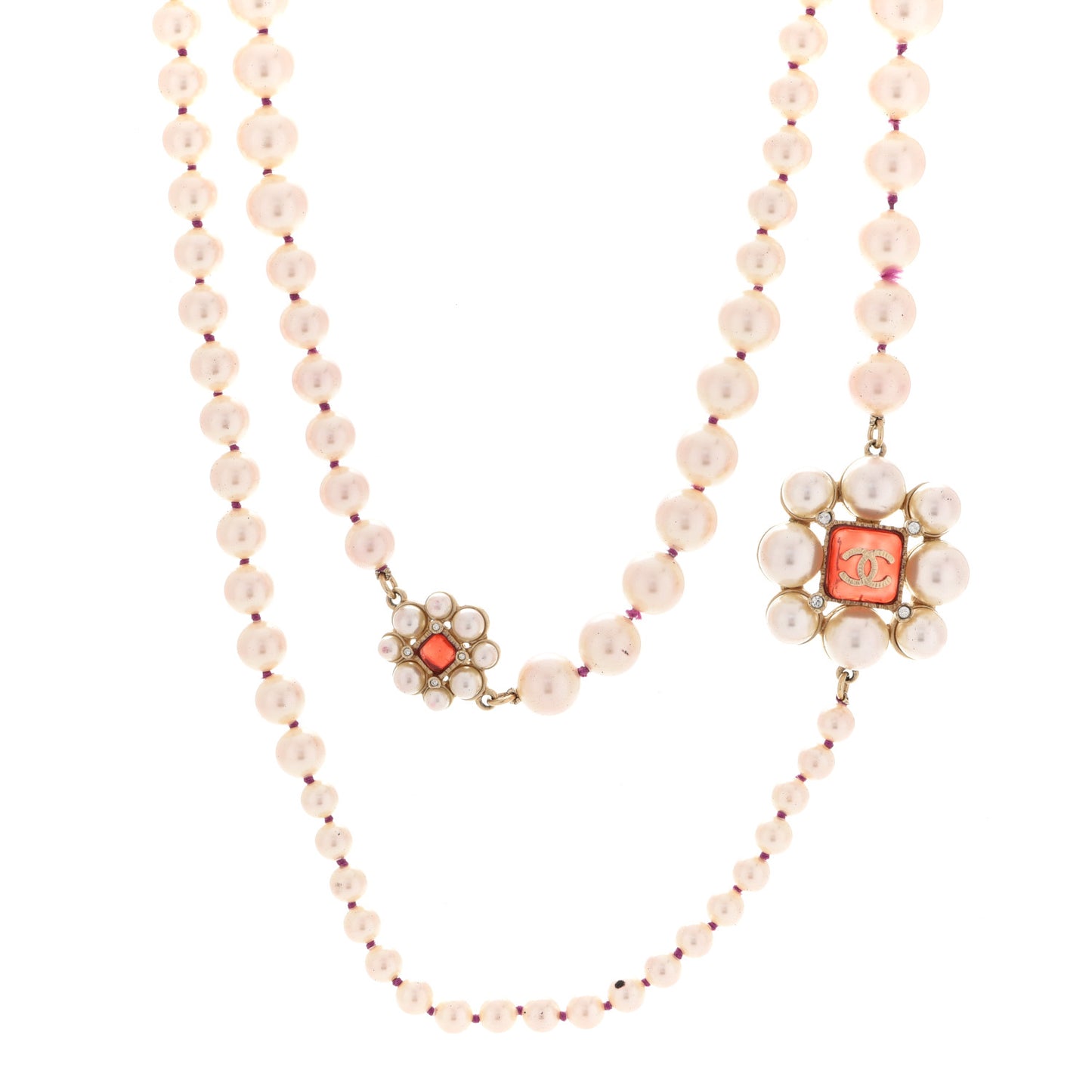 Pearl Crystal Gripoix CC Long Necklace Gold Pearly White Red