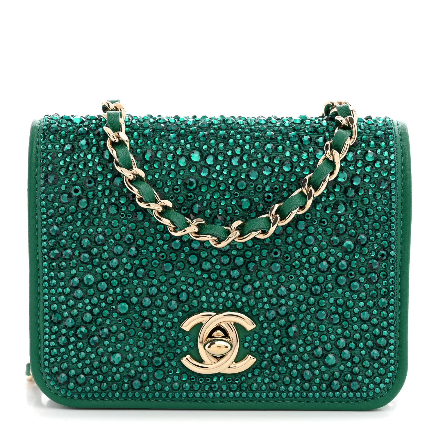 Chanel Lambskin Crystal Diamante Clutch With Chain Green 1 of 10