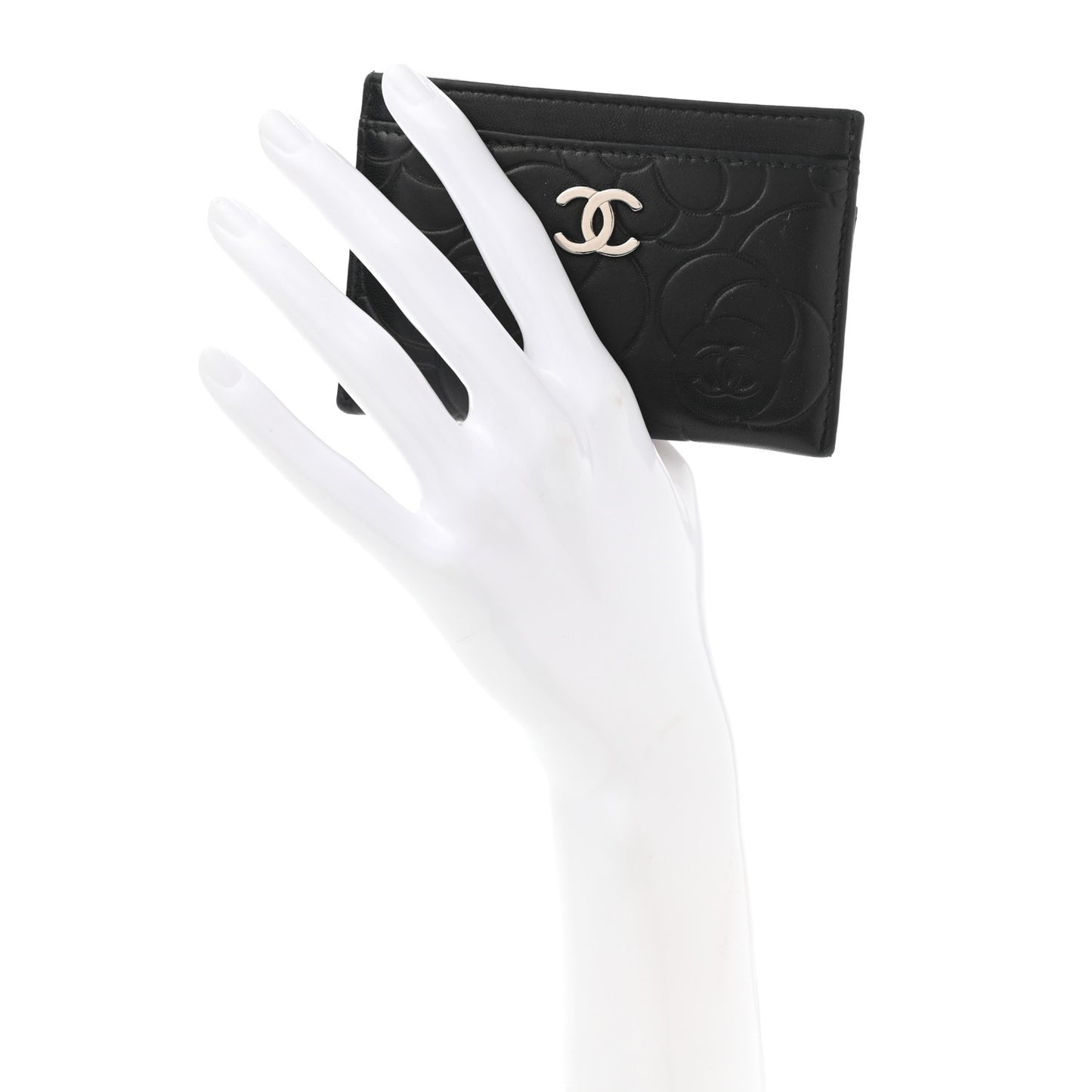 Lambskin Camellia Embossed Card Holder Black