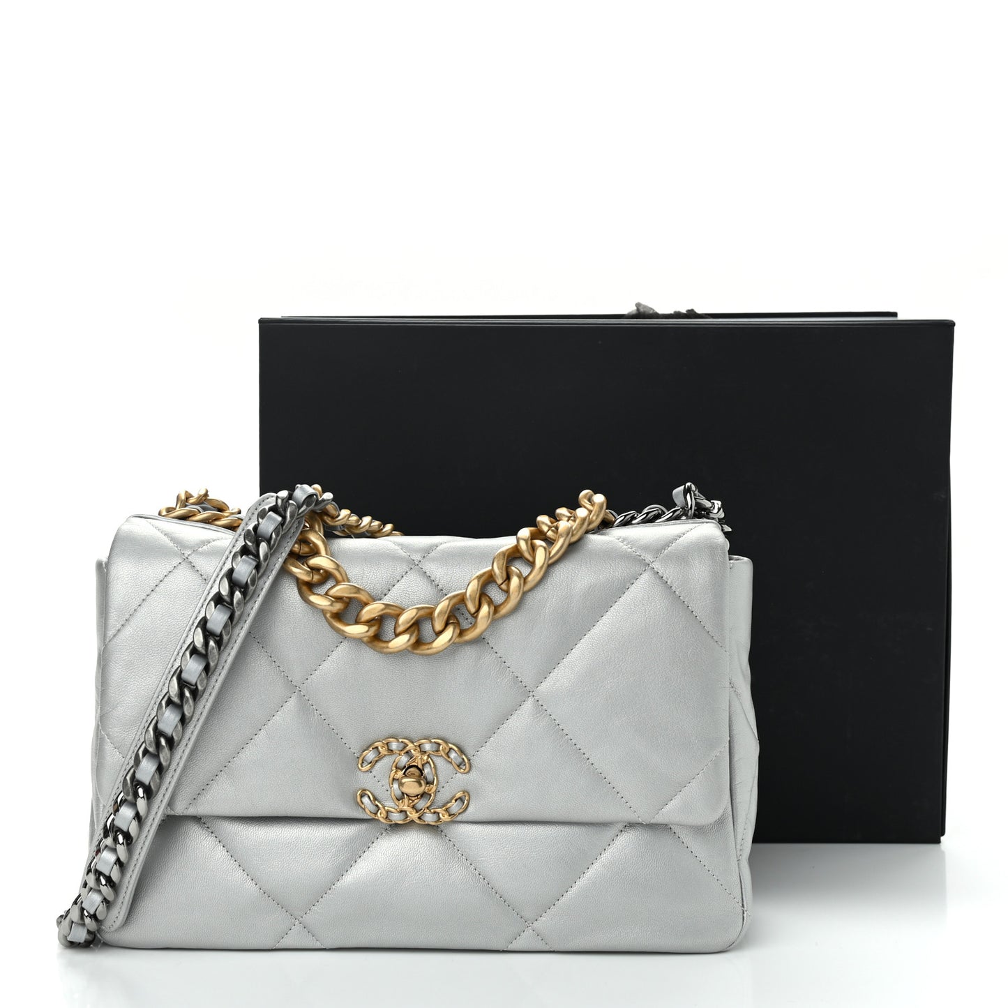 Metallic Goatskin Quilted Large Chanel 19 Flap Silver