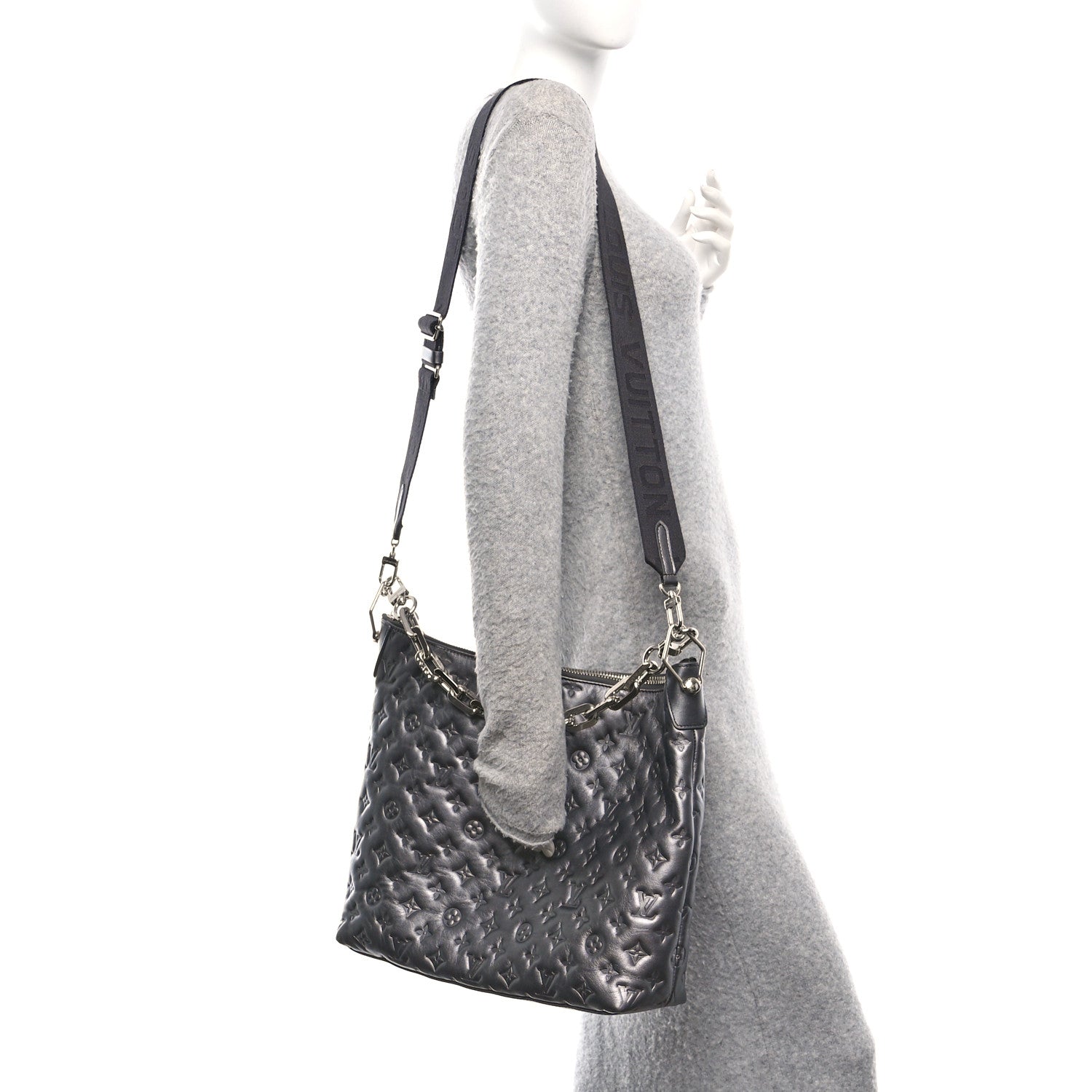 Louis Vuitton Calfskin Embossed Monogram Coussin Hobo MM Gunmetal Gray 2 of 10