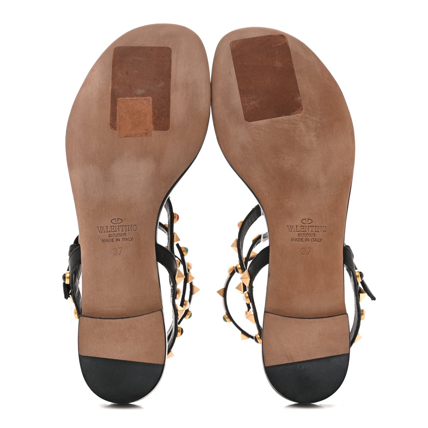 Calfskin Rockstud Rolling Ankle Wrap Flat Thong Sandals 37 Black