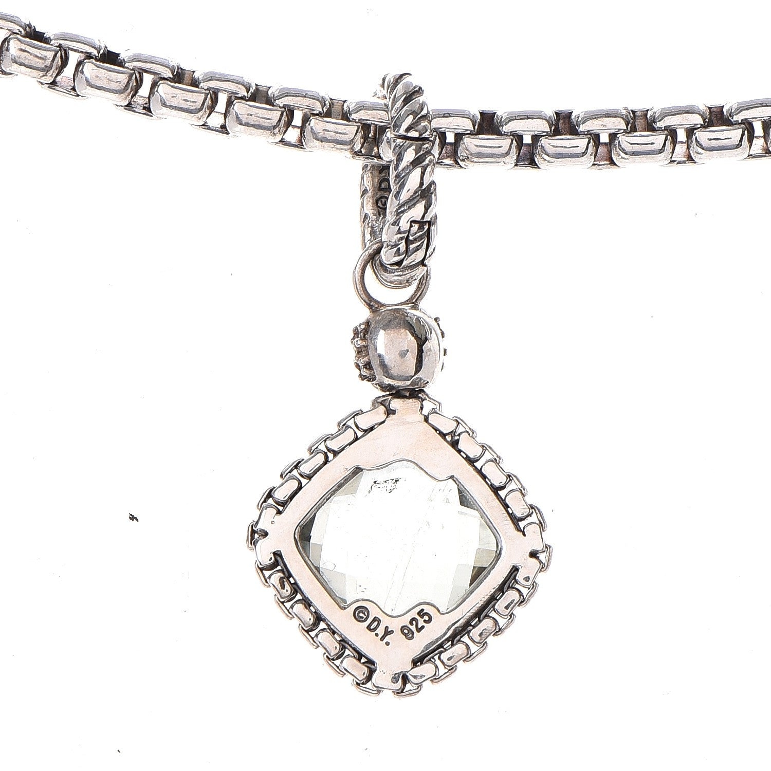 David Yurman Sterling Silver 14K Yellow Gold Pave Diamond Prasiolite 11mm Cushion On Point Pendant Necklace 7 of 7