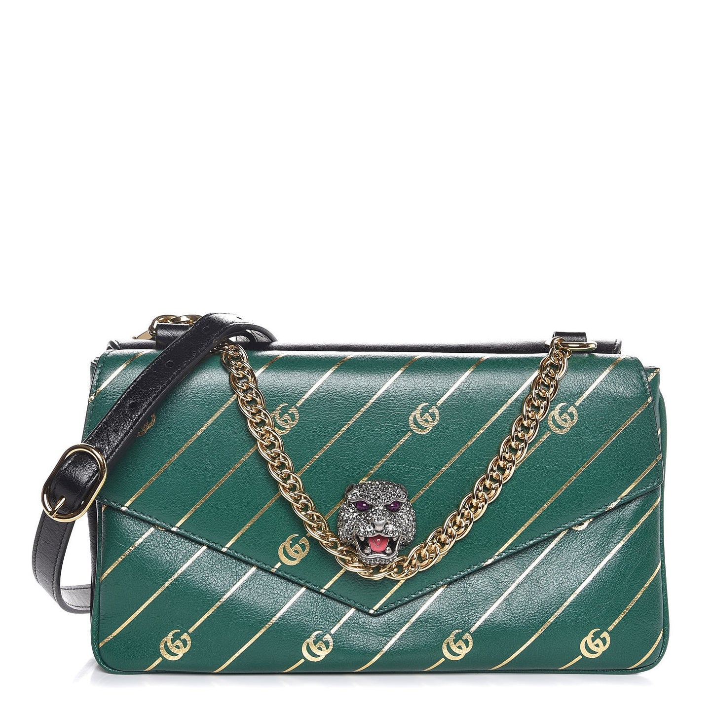 Calfskin Diagonal GG Medium Thiara Double Envelope Shoulder Bag Emerald Green Black
