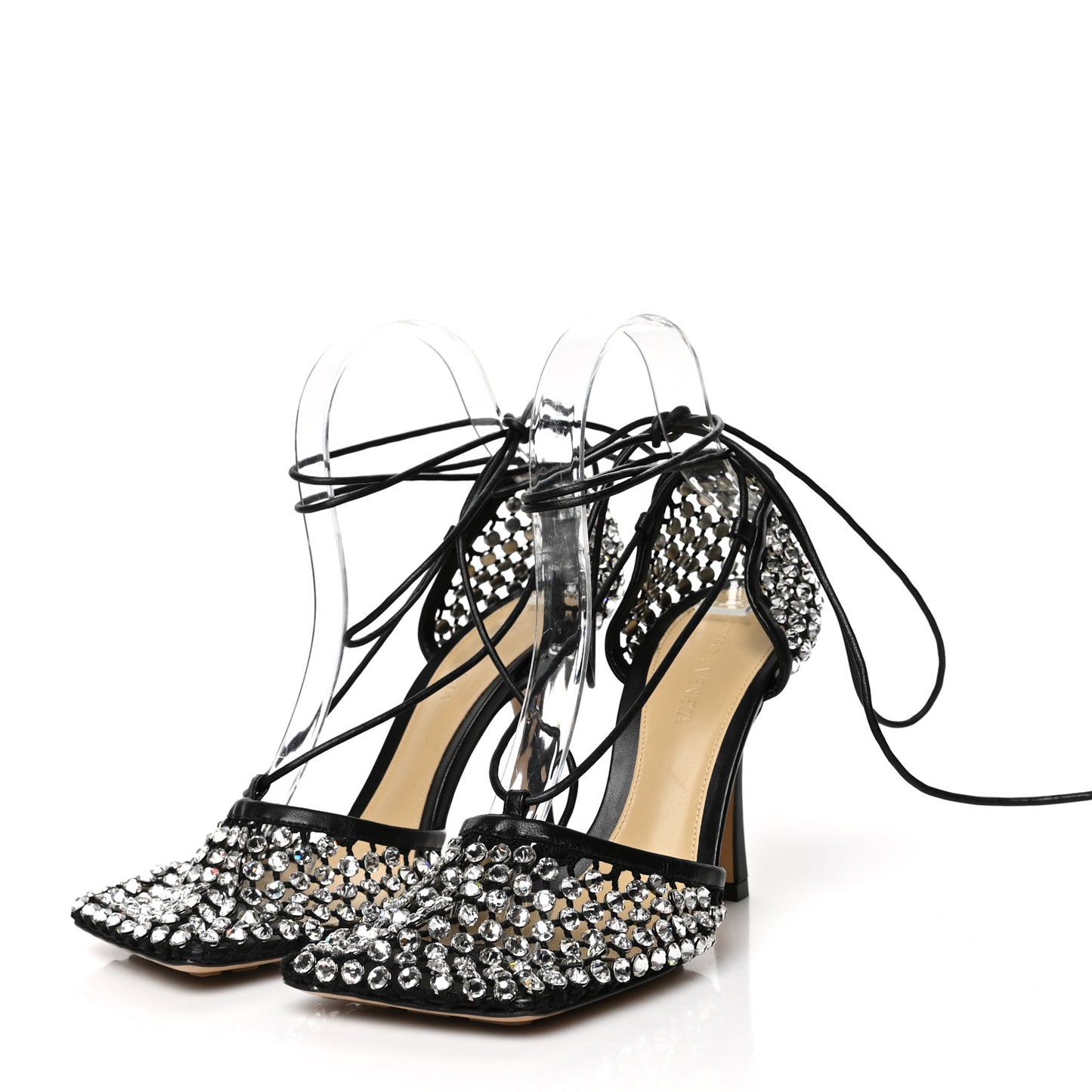 Mesh Nappa Crystal Embellished Sparkle Stretch Ankle Tie Sandals 38 Black