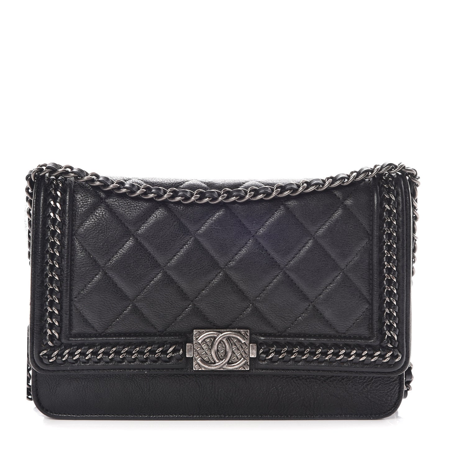 Calfskin Quilted Chain Around Boy Wallet On Chain WOC Black