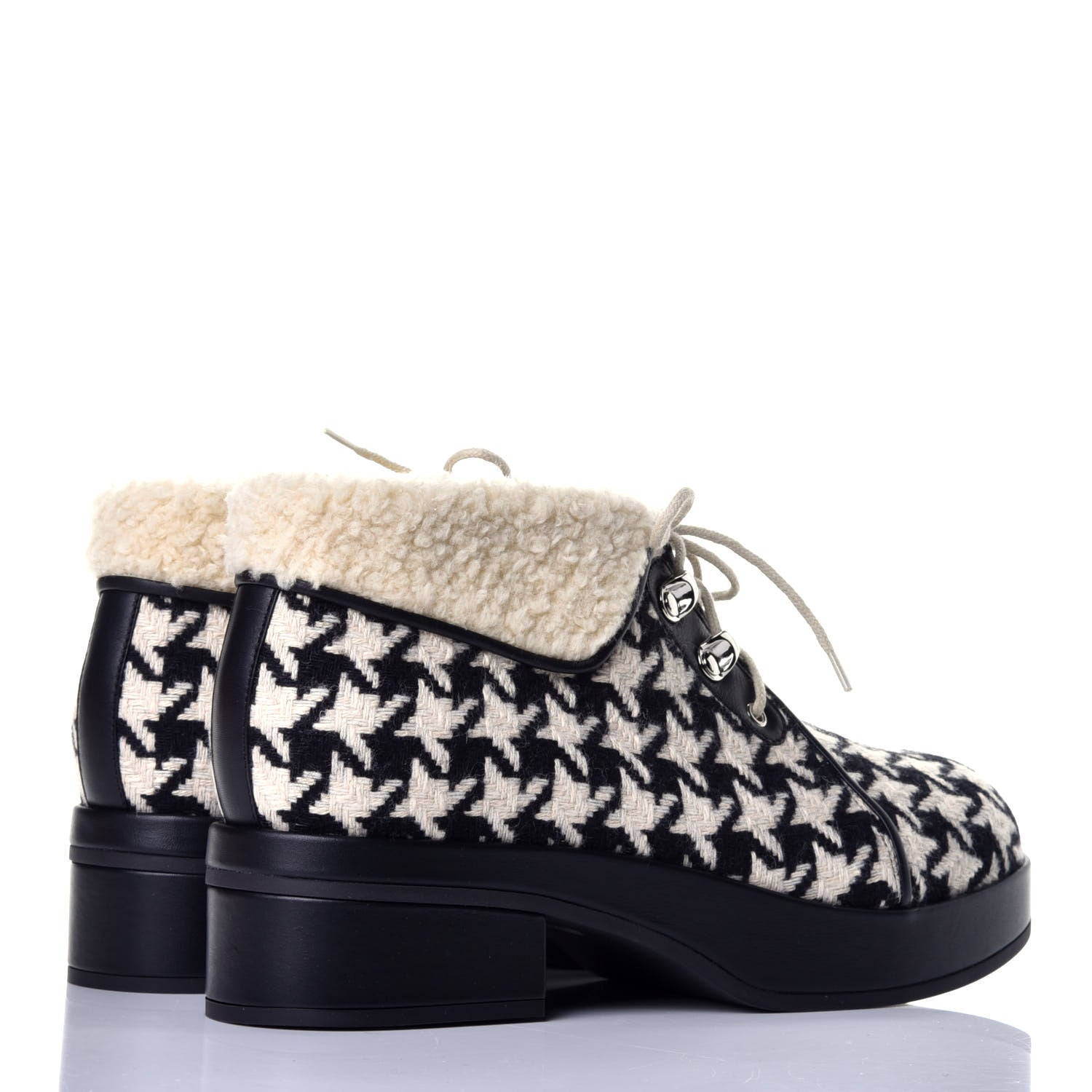 Gucci Optical Tweed Faux Shearling Houndstooth Victor Lace Up Ankle Boots 38 White Black 4 of 8