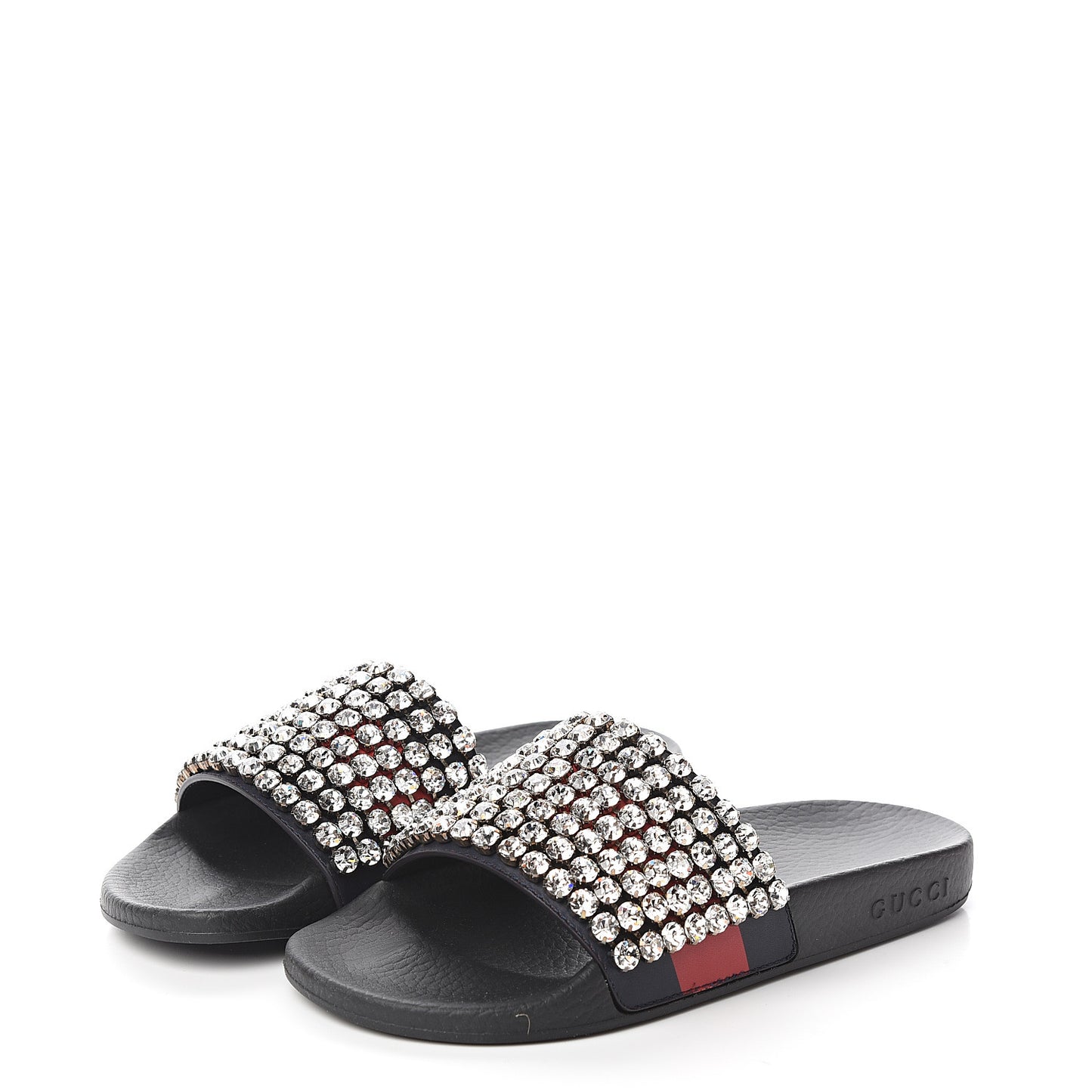 Calfskin Crystal Embellished Web Slide Sandals 37 Blue Red