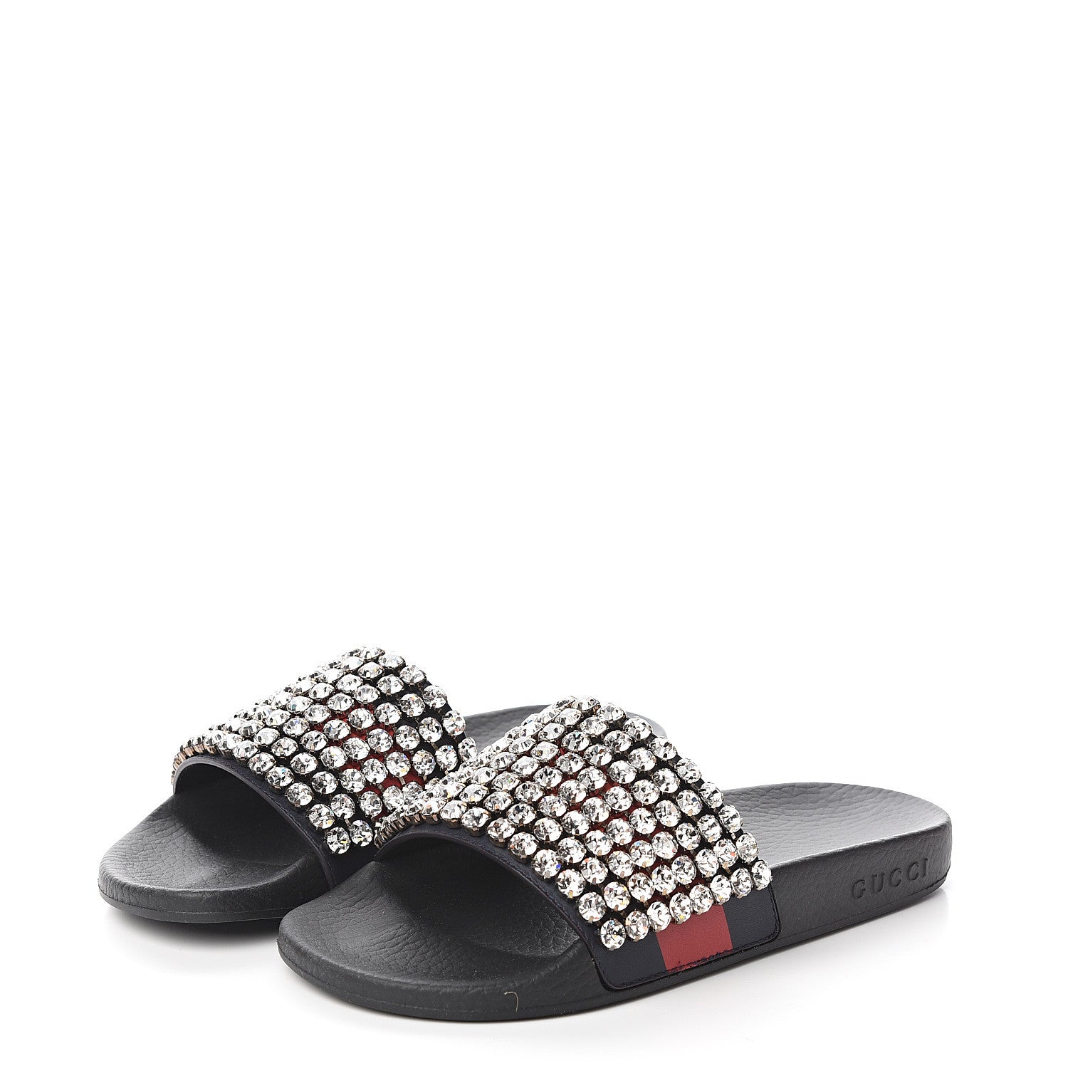 Gucci Calfskin Crystal Embellished Web Slide Sandals 37 Blue Red 3 of 8