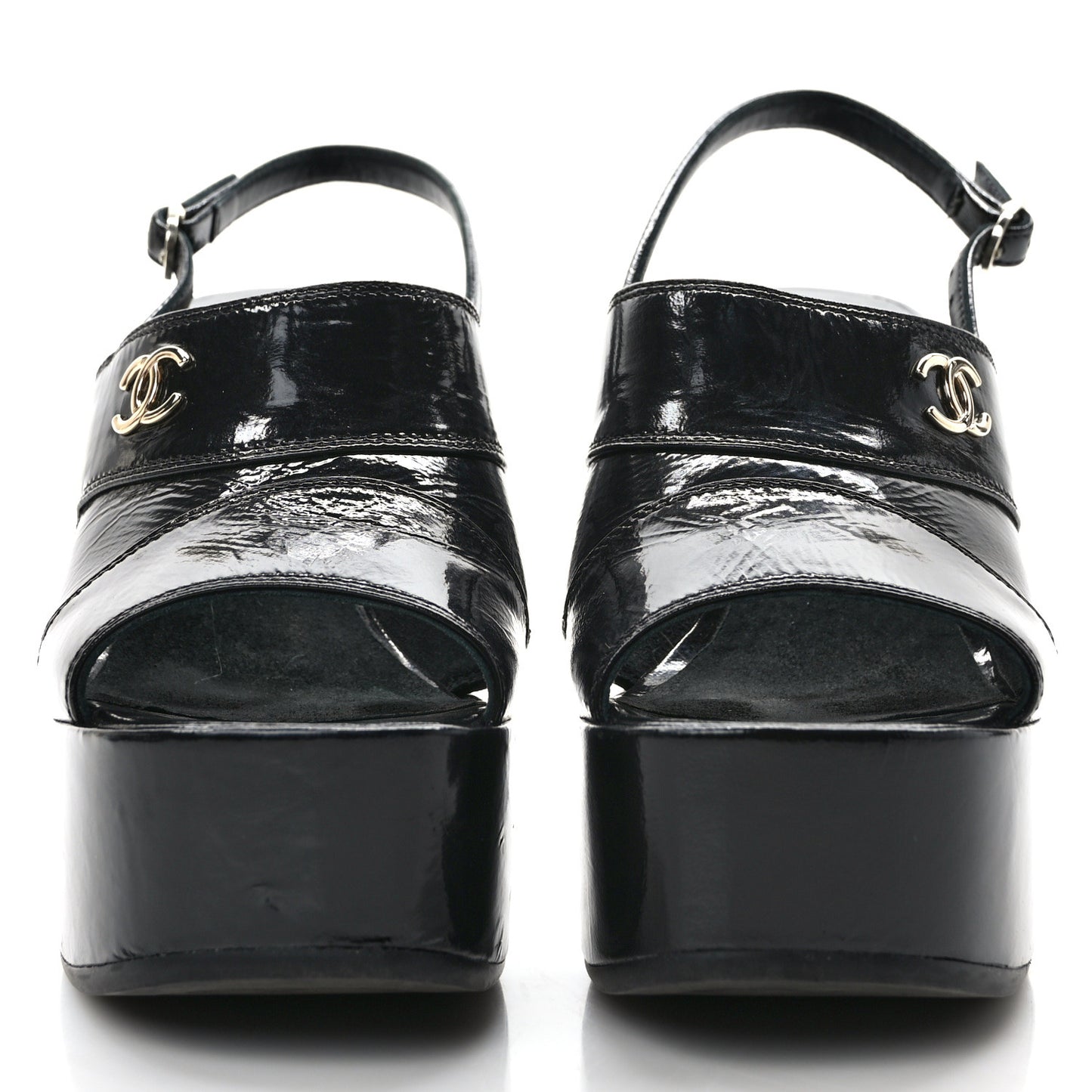 Crumpled Patent Lambskin Platform Sandals 36 Black