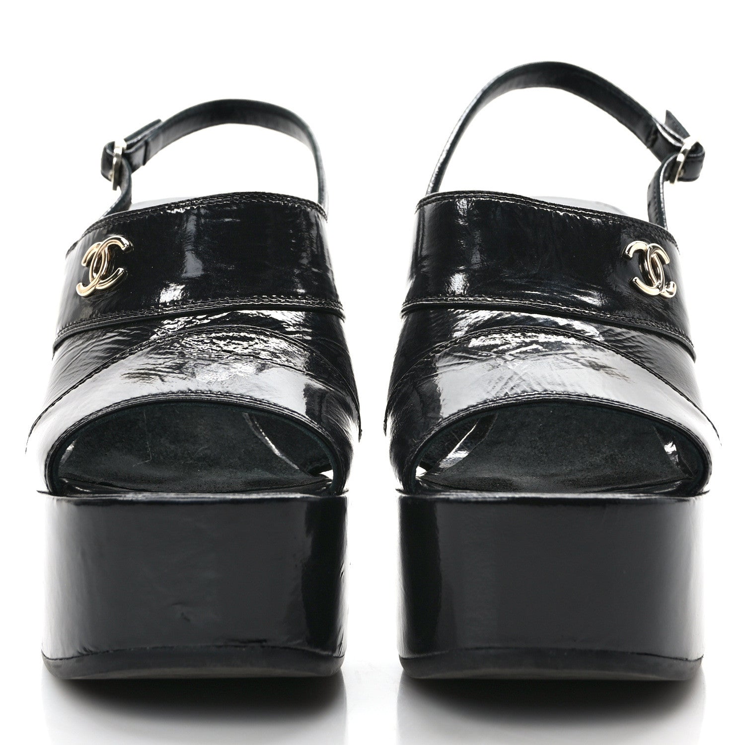 Chanel Crumpled Patent Lambskin Platform Sandals 36 Black 2 of 8
