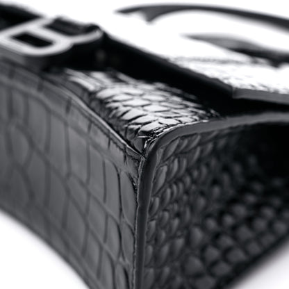 Balenciaga Shiny Calfskin Monochrome Crocodile Embossed Hourglass Top Handle Bag XS Black 8 of 16