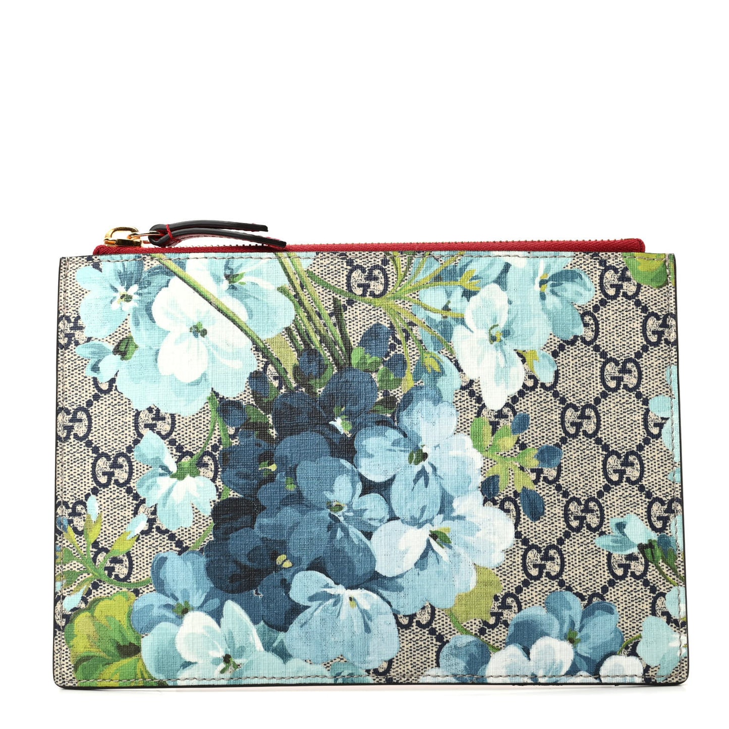 GG Supreme Monogram Blooms Small Zip Pouch Beige Blue Hibiscus Red