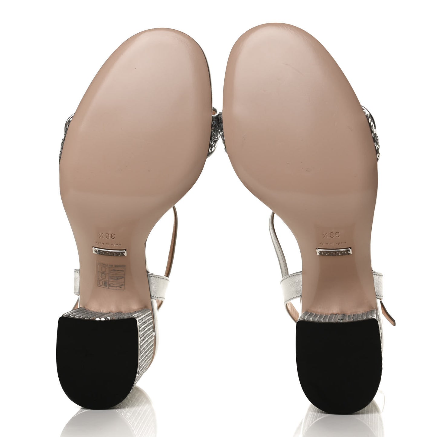 Sequin Satin Nappa GG Marmont Ankle Wrap 75mm Sandals 38.5 Silver Grigio Argento