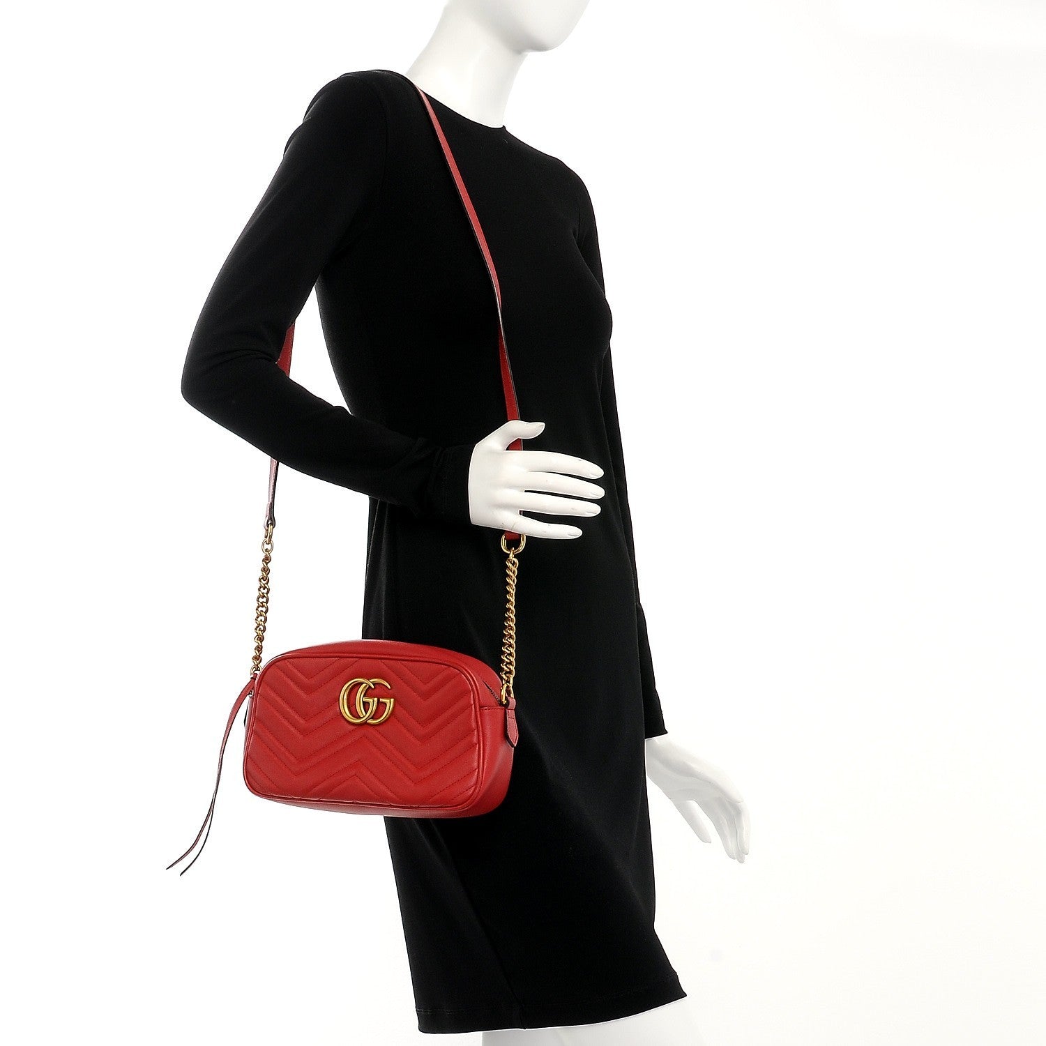 Gucci Calfskin Matelasse Small GG Marmont Chain Shoulder Bag Hibiscus Red 2 of 7
