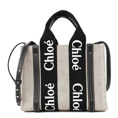 Chloe Cotton Calfskin Small Woody Ribbon Tote With Strap Black Blue 1 of 12