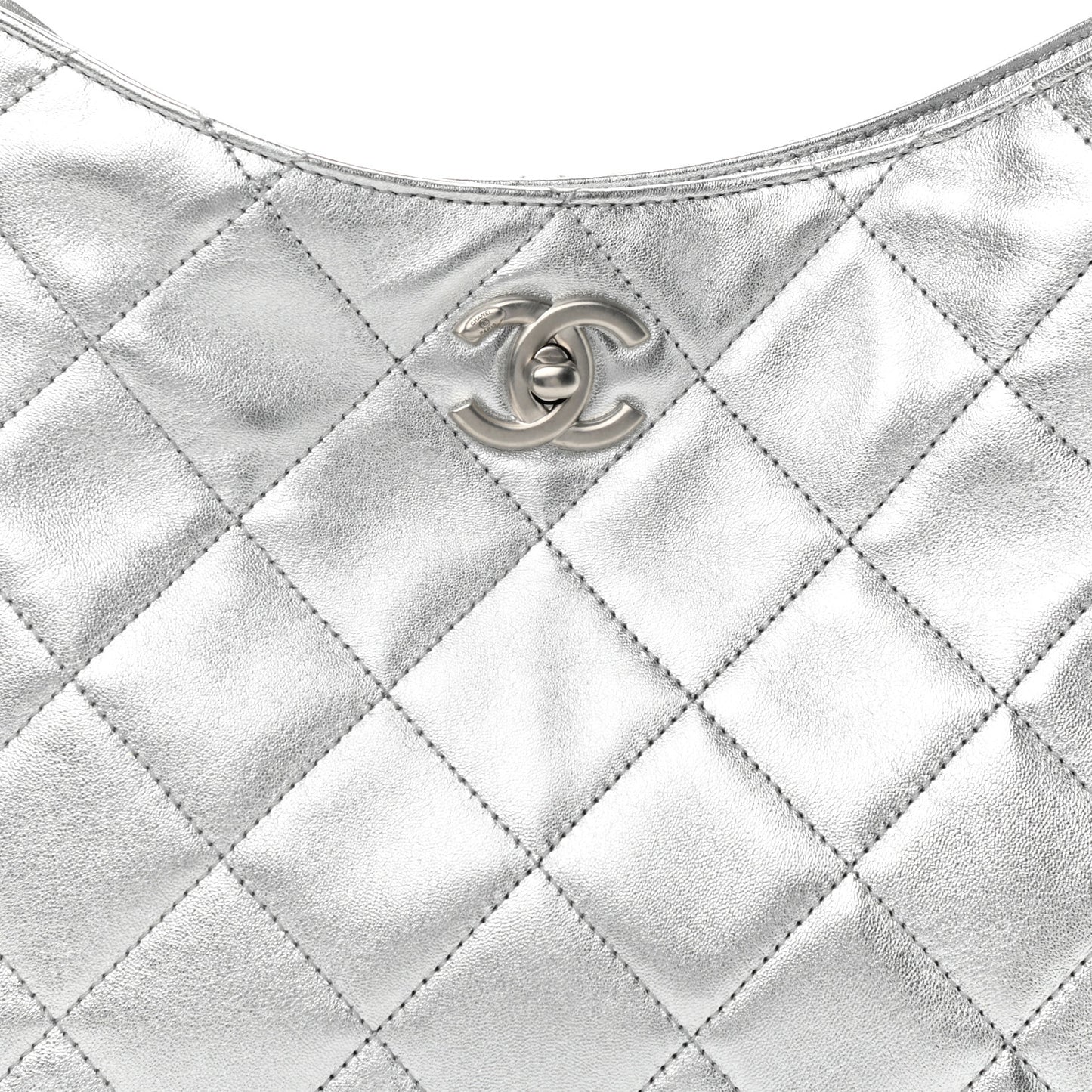 Metallic Lambskin Chain Rows Quilted Chain Hobo Silver