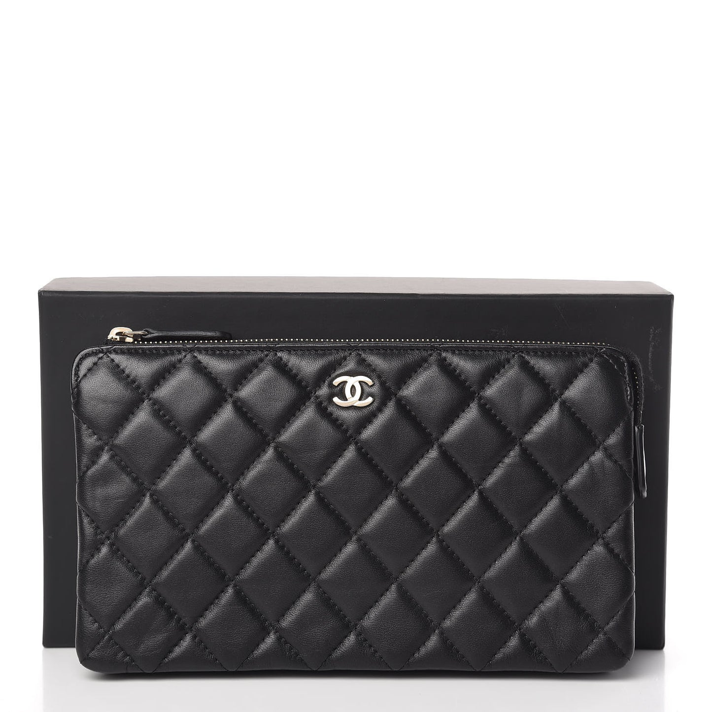 Lambskin Quilted Large Zipped Clutch Black
