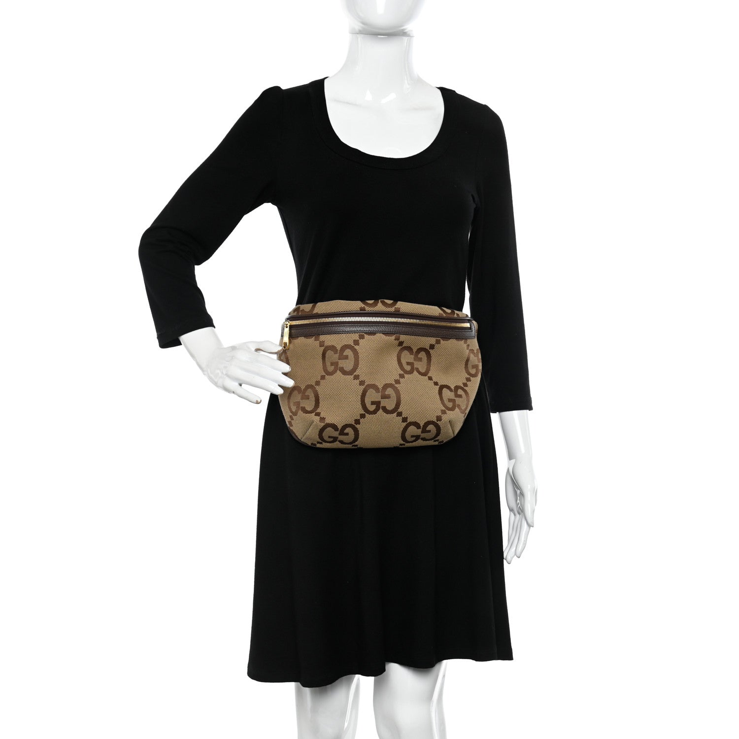 Gucci Monogram Jumbo GG Textured Dollar Calfskin Web Belt Bag Camel Ebony New Acero 2 of 9