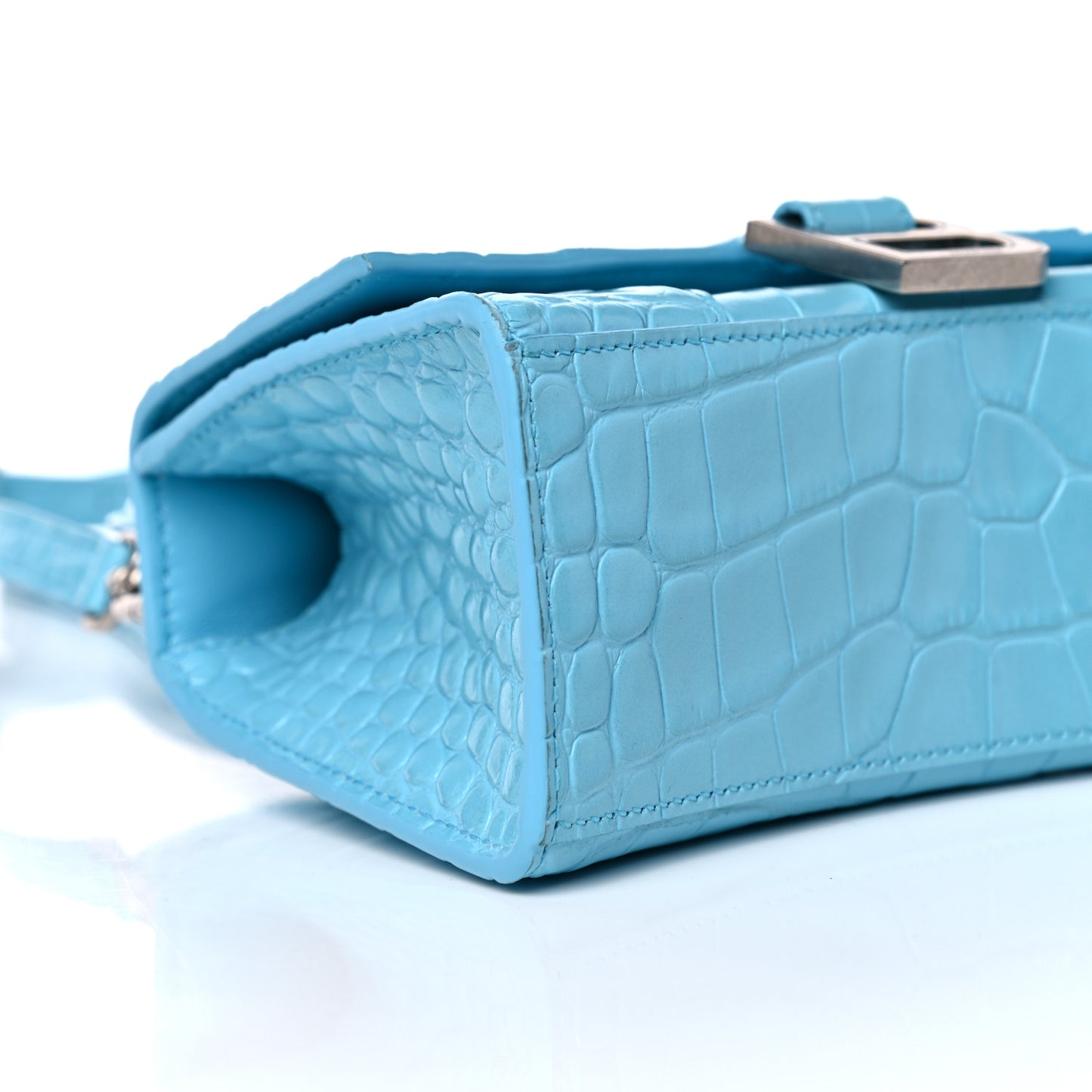 Shiny Calfskin Crocodile Embossed Hourglass Top Handle Bag XS Azur