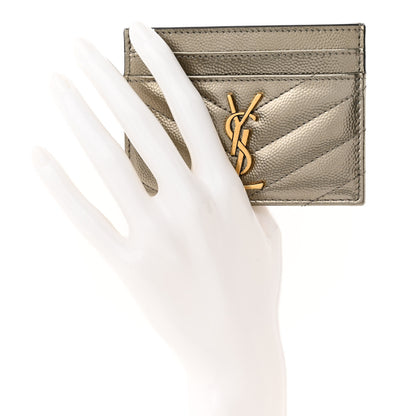 Saint Laurent Metallic Grain De Poudre Matelasse Chevron Monogram Credit Card Case Piombo 2 of 9