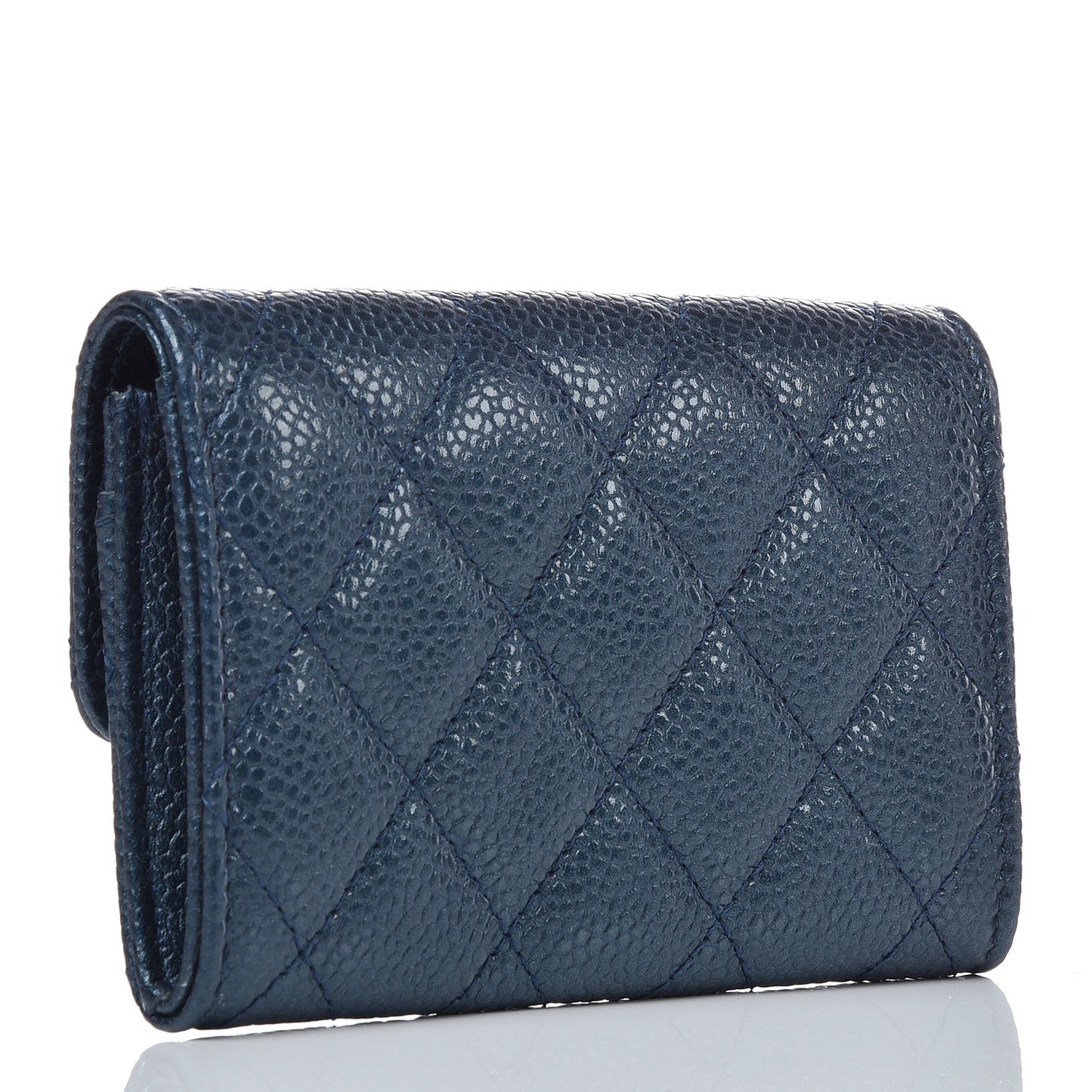 Iridescent Caviar Quilted Flap Card Holder Dark Blue