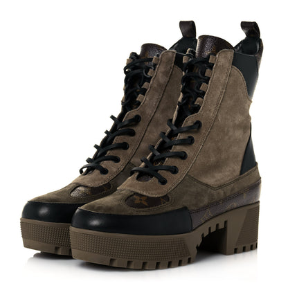 Louis Vuitton Suede Calfskin Monogram Laureate Platform Desert Boots 38.5 Taupe 3 of 8