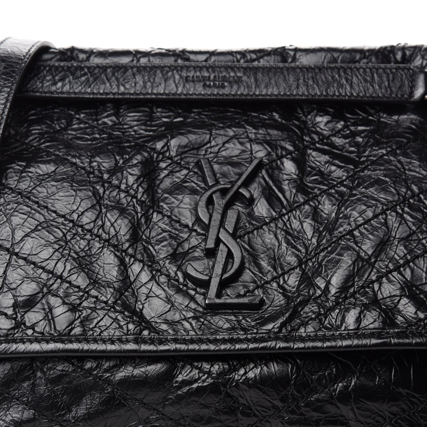 Crinkled Calfskin Matelasse Monogram Medium Niki Chain Satchel Black
