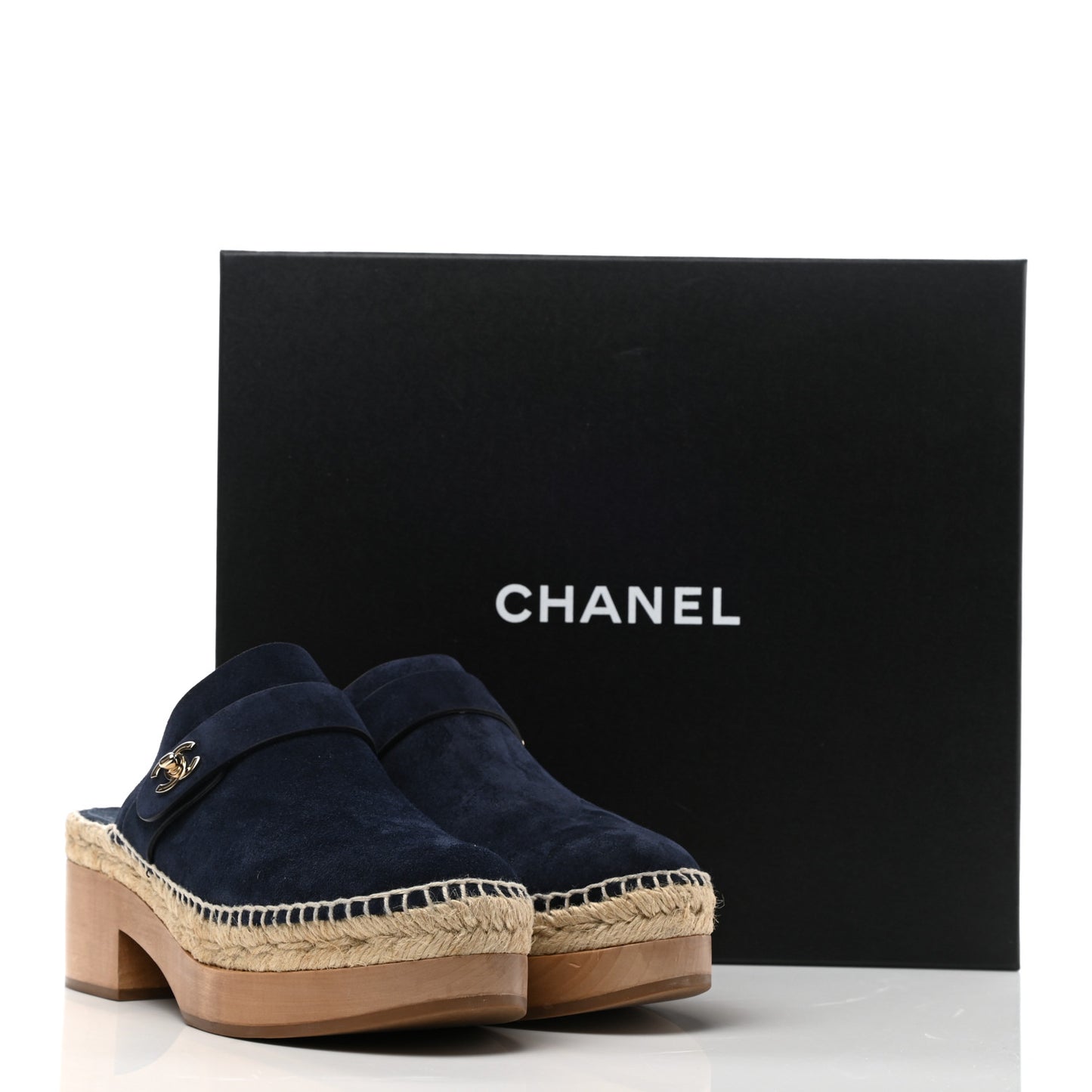 Suede Calfskin CC Turn Lock Clog 39 Navy